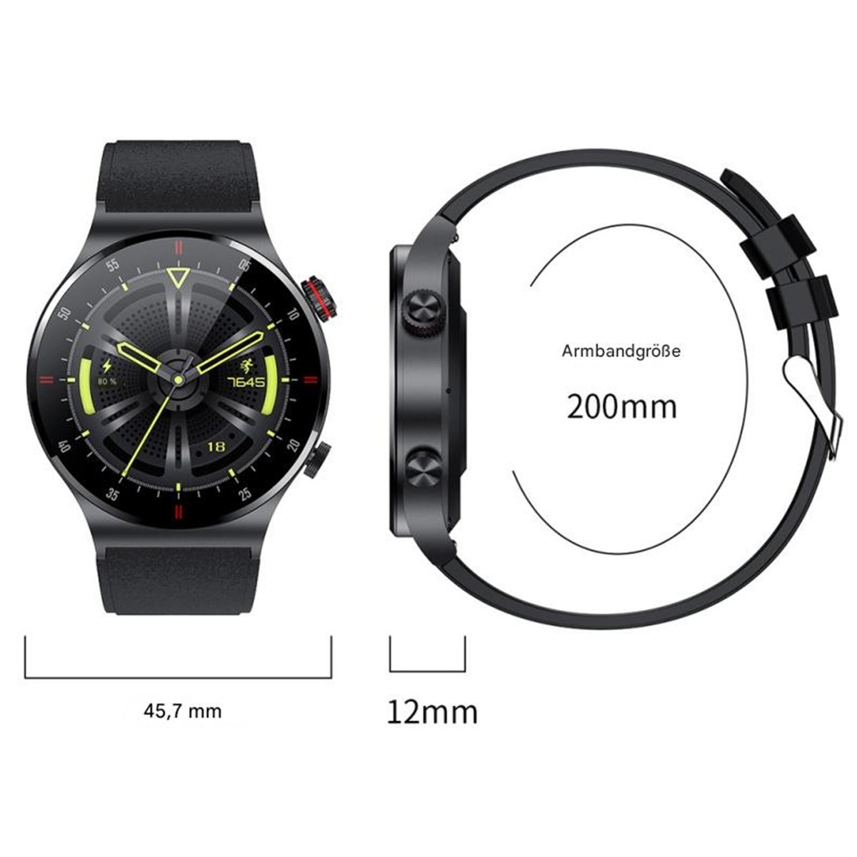 Eine schwarze Smartwatch mit rundem Zifferblatt, zeigt Zeit und Statistiken, mit schwarzem Armband.