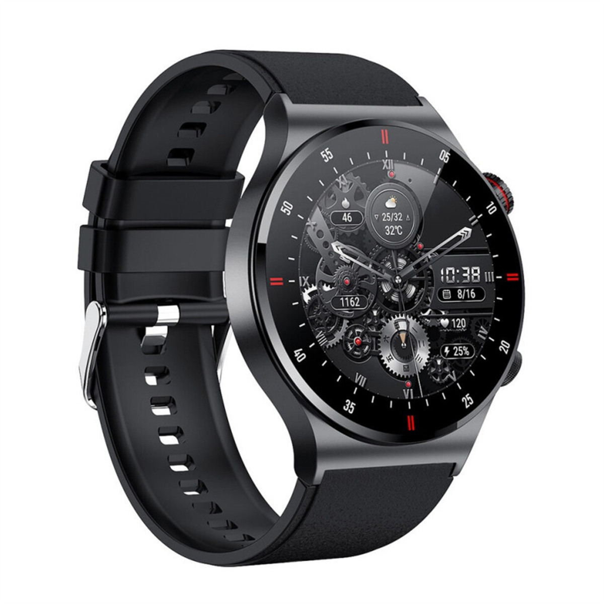 Eine schwarze Smartwatch mit rundem Display. Sie hat ein schwarzes Armband und eine silberne Lünette.