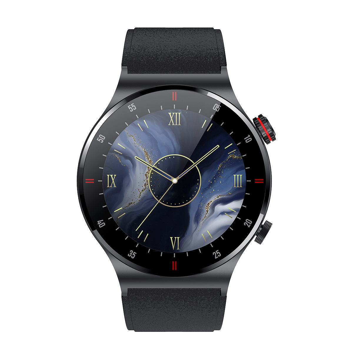 Schwarze Smartwatch mit rundem Zifferblatt und schwarzem Armband. Das Zifferblatt zeigt ein blaues Galaxie-Design mit goldenen Akzenten.
