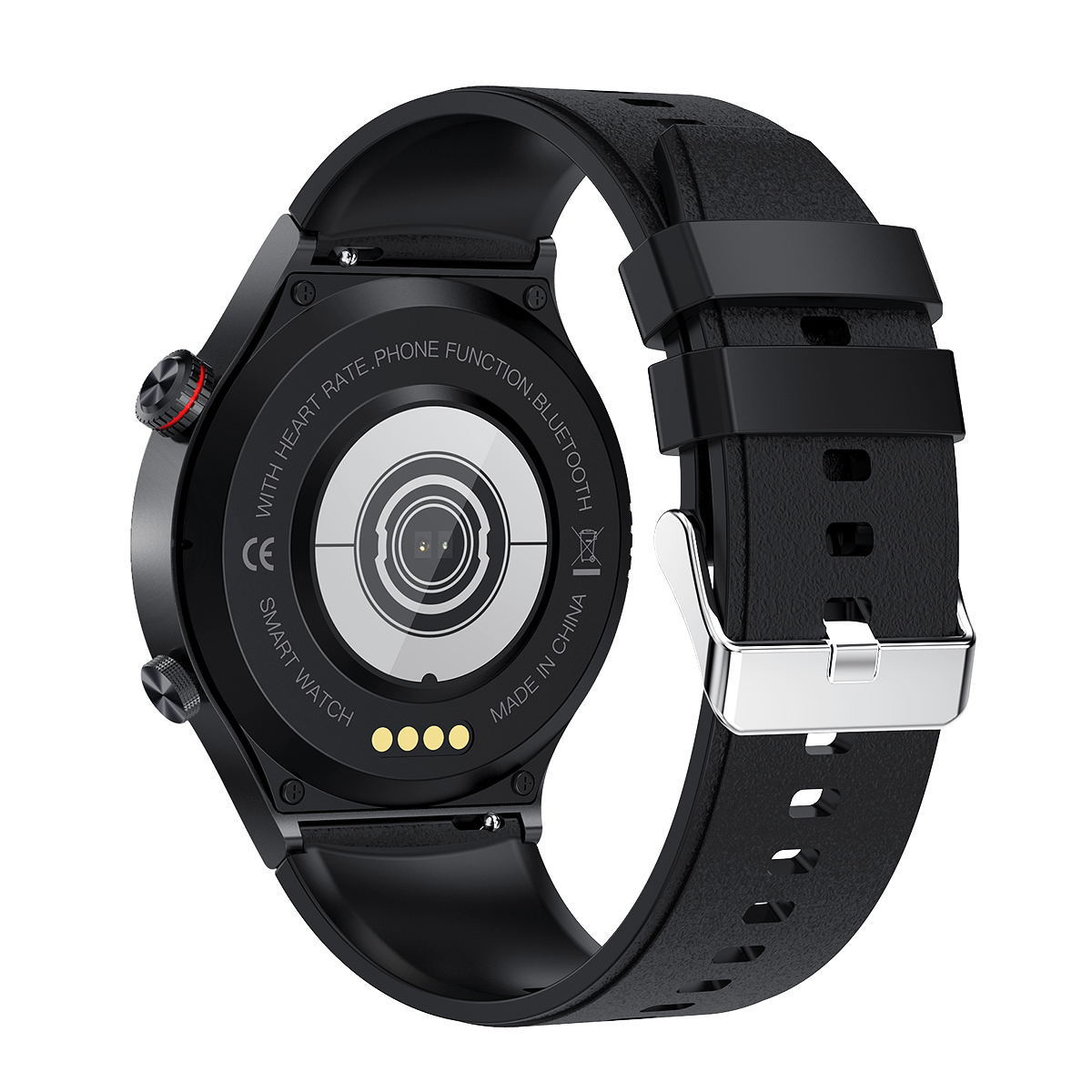 Schwarze Smartwatch, Rückansicht. Zeigt die Sensoren und das Armband. Text: "SMART WATCH".