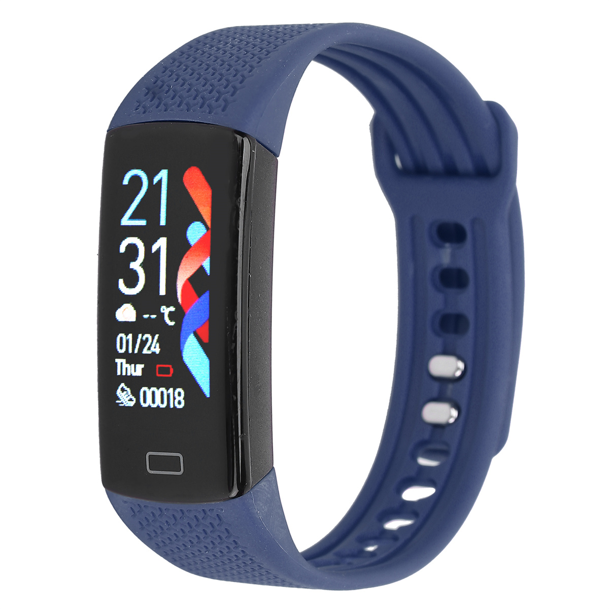 Blaue Smartwatch mit digitaler Anzeige, die Datum und Uhrzeit anzeigt.