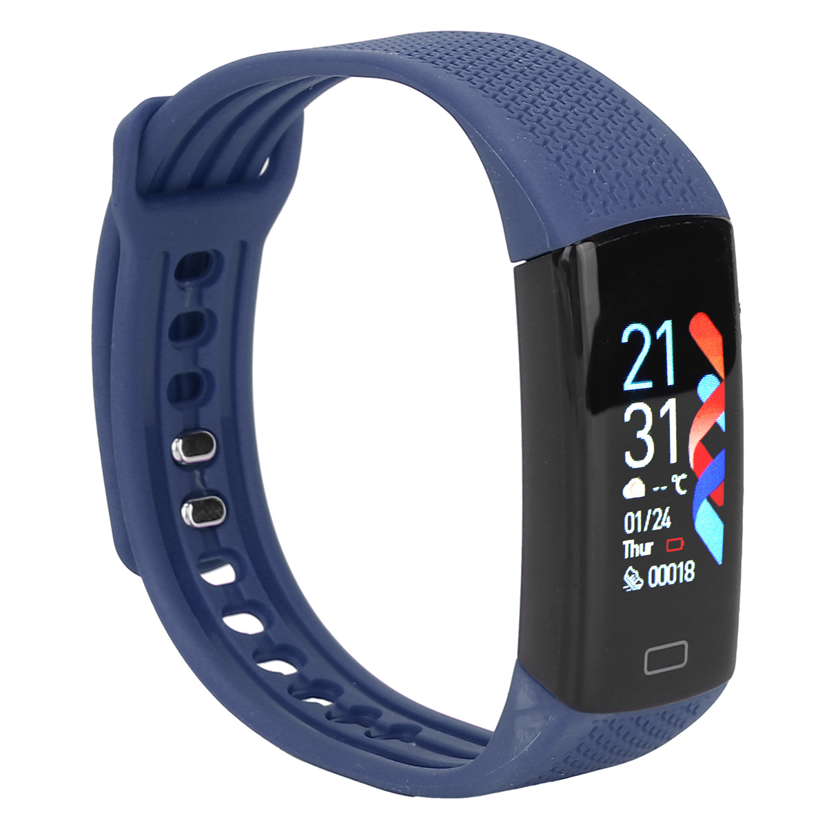 Blaue Fitness-Tracker-Uhr mit schwarzem Display. Zeigt Zeit- und Aktivitätsdaten an.