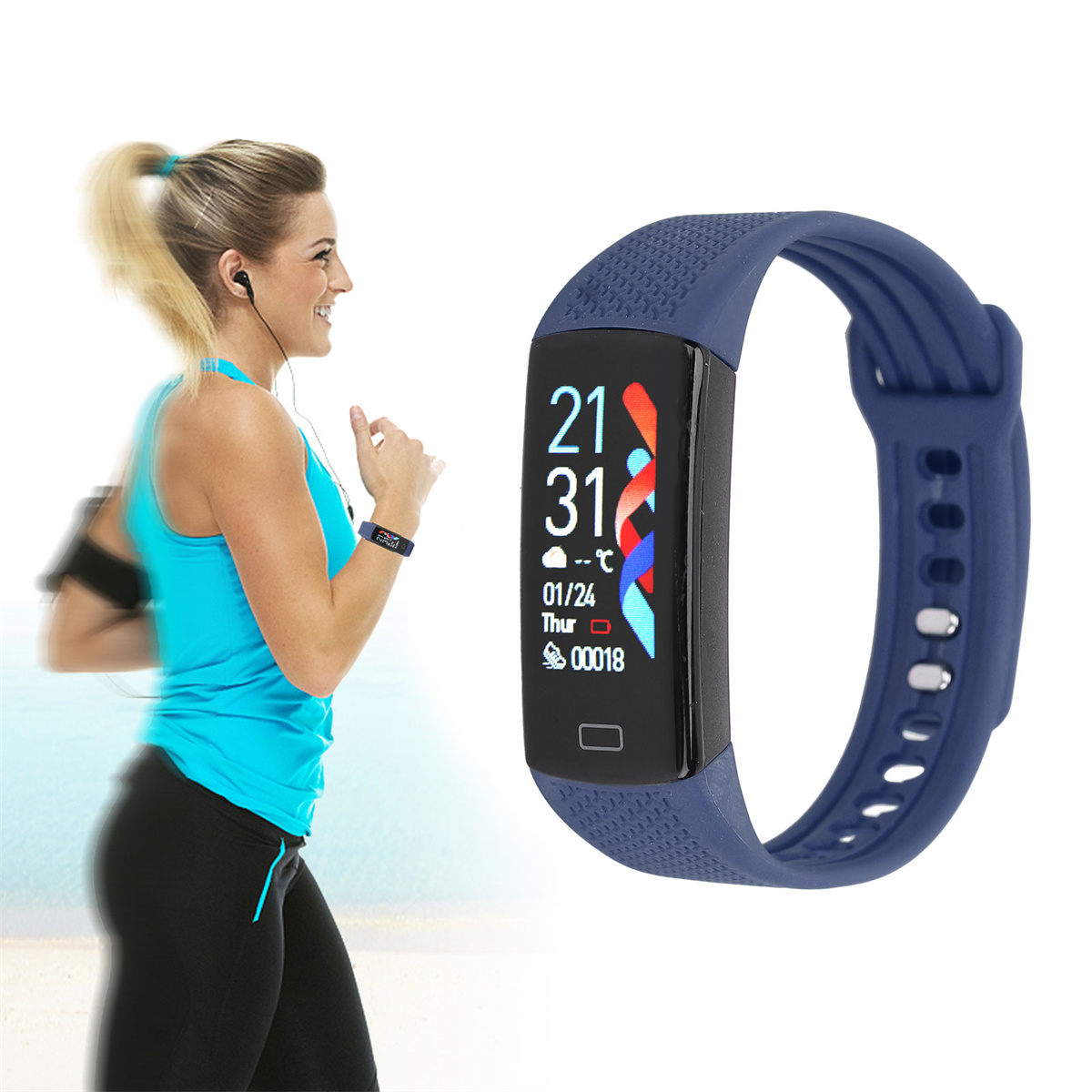 Frau, die neben einem blauen Fitness-Tracker läuft. Der Tracker zeigt Zeit- und Datumsangaben an. Sie trägt Kopfhörer.