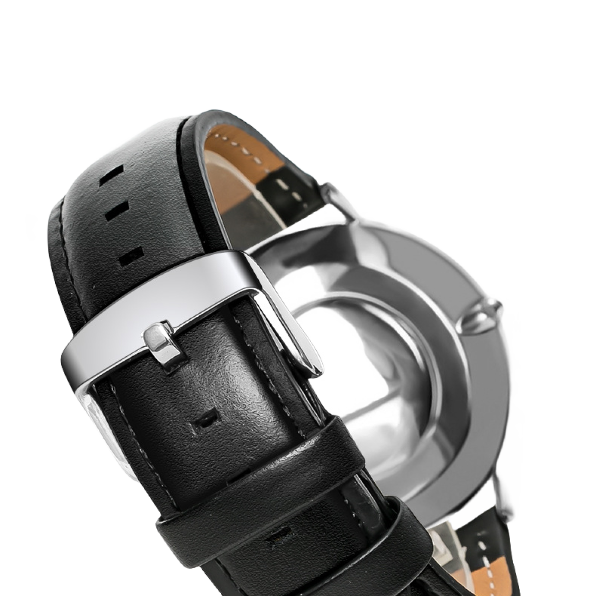 Close-up van een zwart horloge met een zwarte leren band, met de achterkant van het horloge.