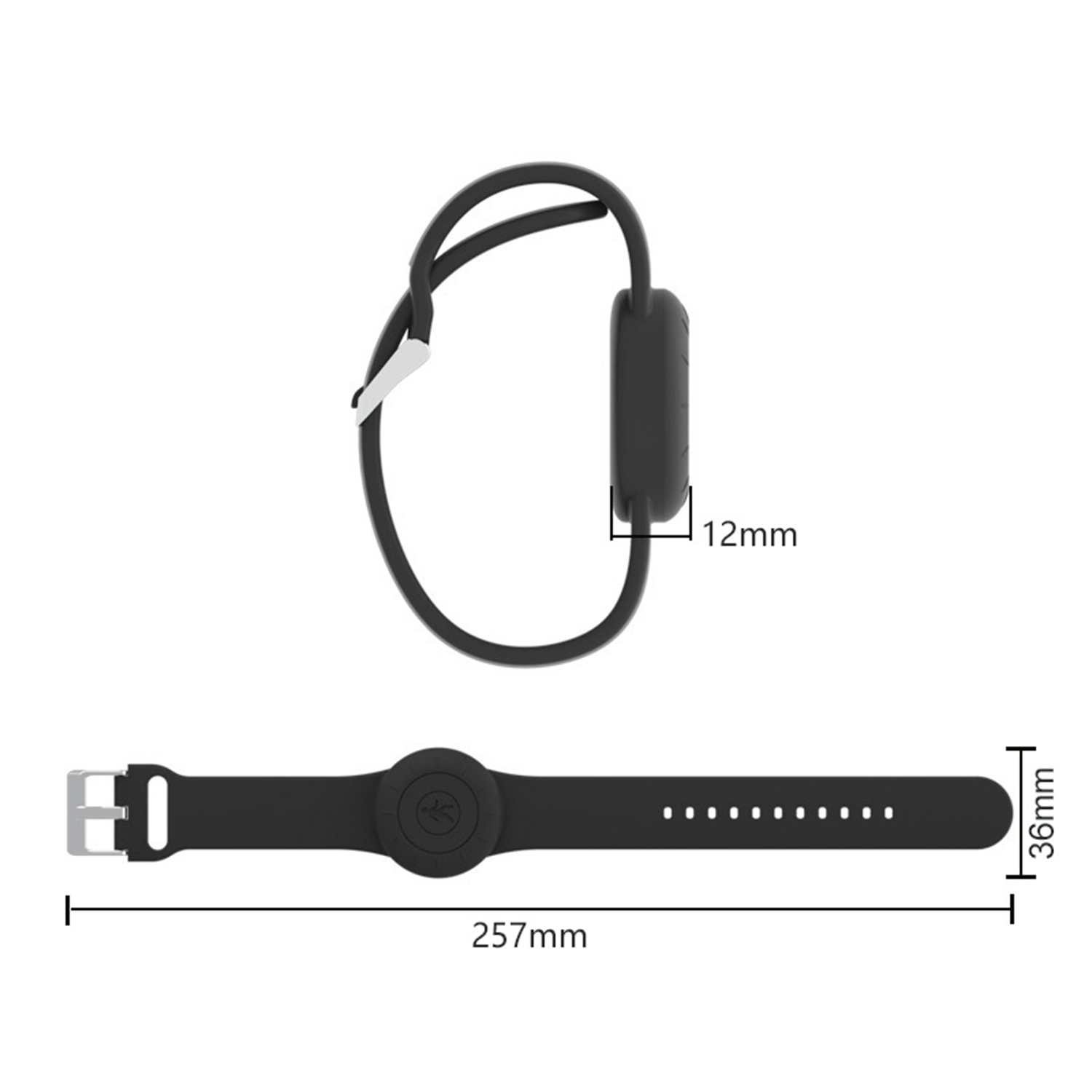 Czarny smartwatch, widok z góry i z dołu, z wymiarami. Widoczna klamra i pasek.