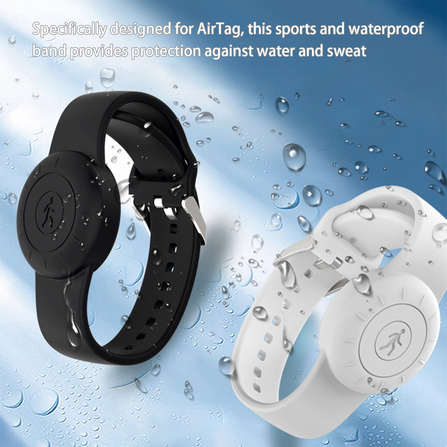 Czarne i białe smartwatche z kroplami wody na niebieskim tle.