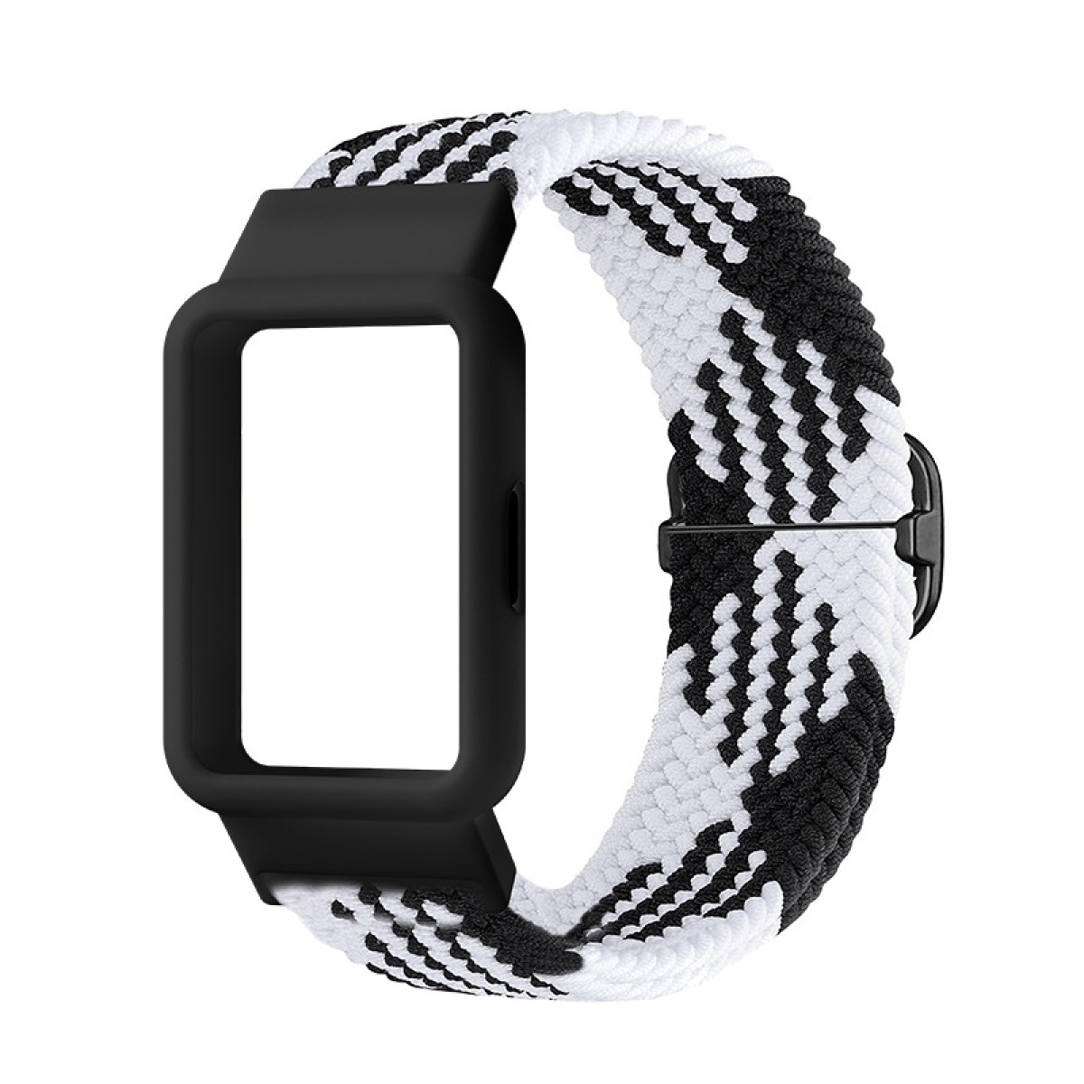 Schwarz-weißes Uhrenarmband. Das Armband ist geflochten und hat eine schwarze Schnalle.