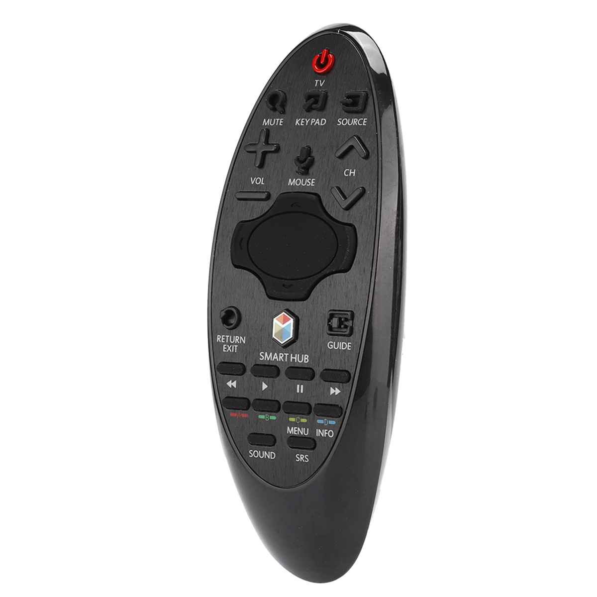 Schwarze TV-Fernbedienung mit vielen Tasten. Sie hat eine Einschalttaste, Lautstärke- und Kanalregler.