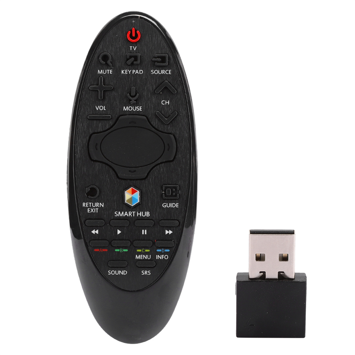 Schwarze Fernbedienung mit mehreren Tasten und einem USB-Stick. Zu den Tasten gehören Ein/Aus, Lautstärke und Navigation.