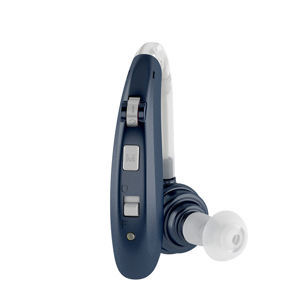 Dunkelblaues und klares Bluetooth-Headset mit Knöpfen und geschwungenem Design.