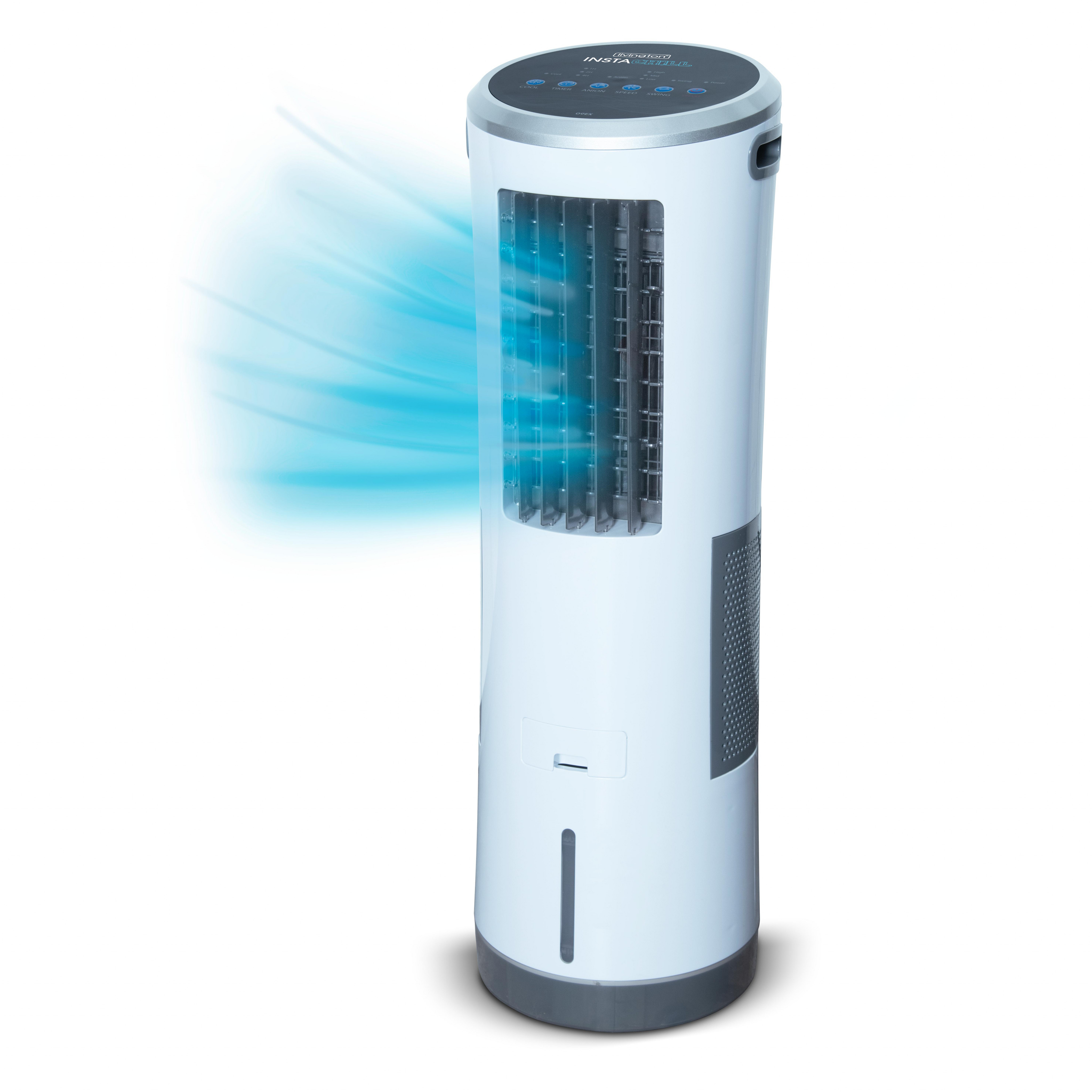 Weißer und grauer Turmventilator mit blauem Luftstrom. Der Ventilator steht vor weißem Hintergrund.