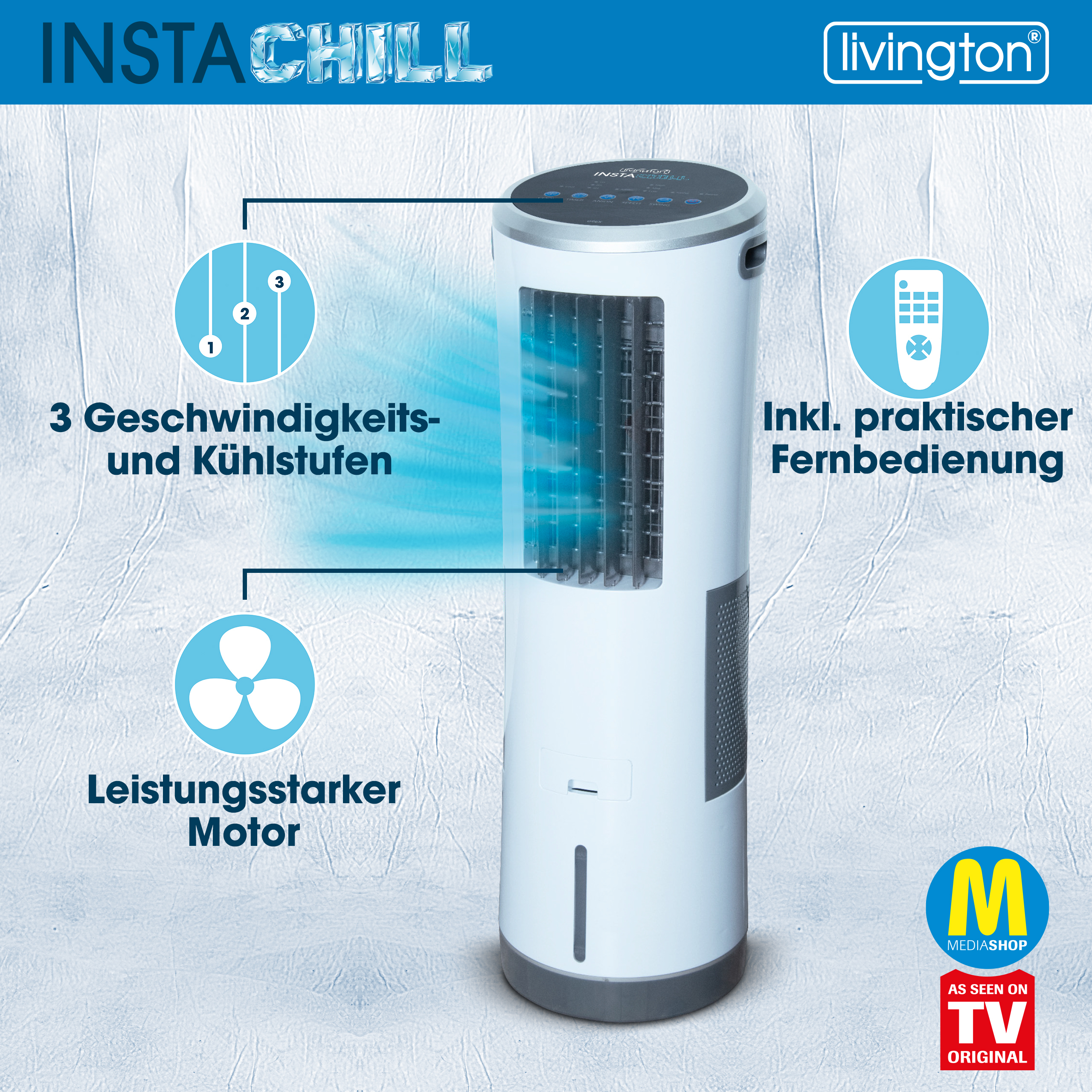 Ein weißer Luftkühler mit drei Geschwindigkeitseinstellungen und einem leistungsstarken Motor. Er hat eine Fernbedienung und einen Wassertank.