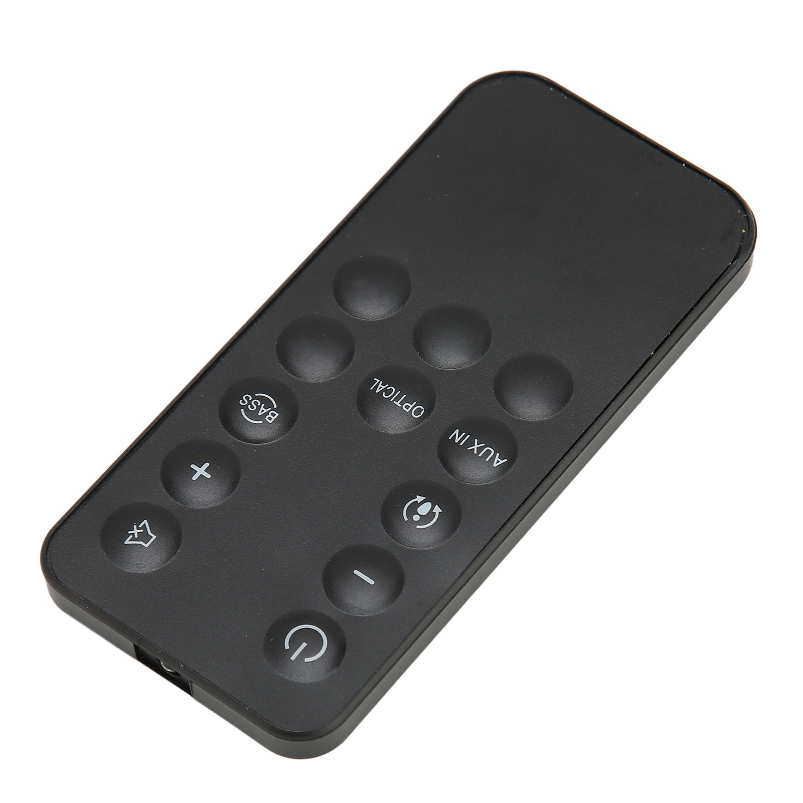 Eine schwarze Fernbedienung mit Tasten: Bass, Optical, Aux In und Lautstärkereglern.