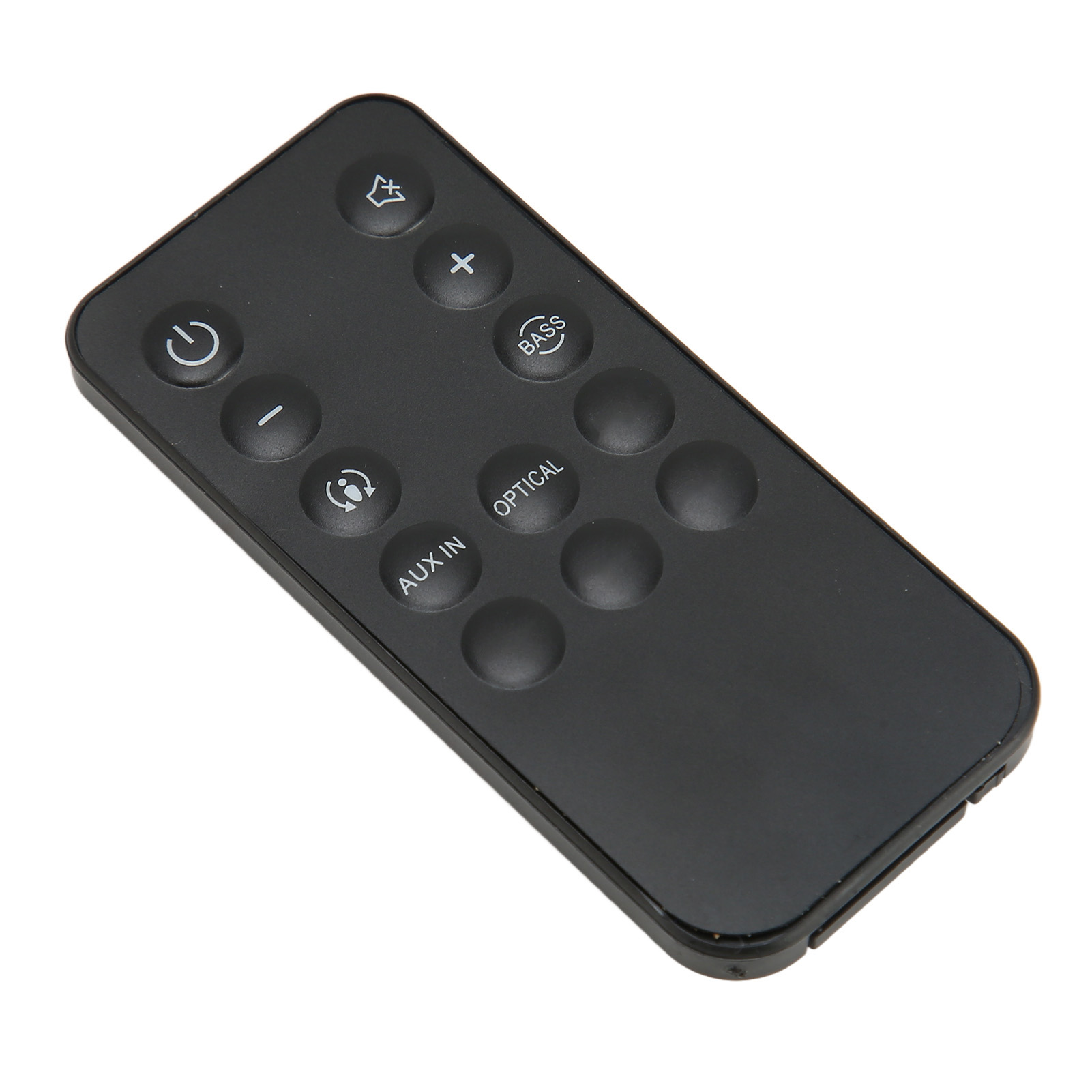Schwarze Fernbedienung mit mehreren Knöpfen. AUX, Optical, Power und Lautstärke.