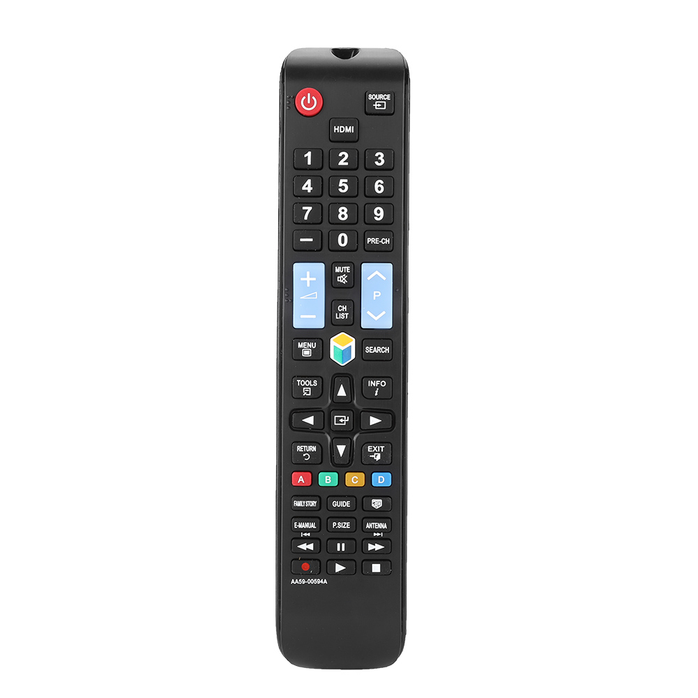 Schwarze TV-Fernbedienung mit mehreren Tasten, auf weißem Hintergrund, mit roter Ein-/Aus-Taste.
