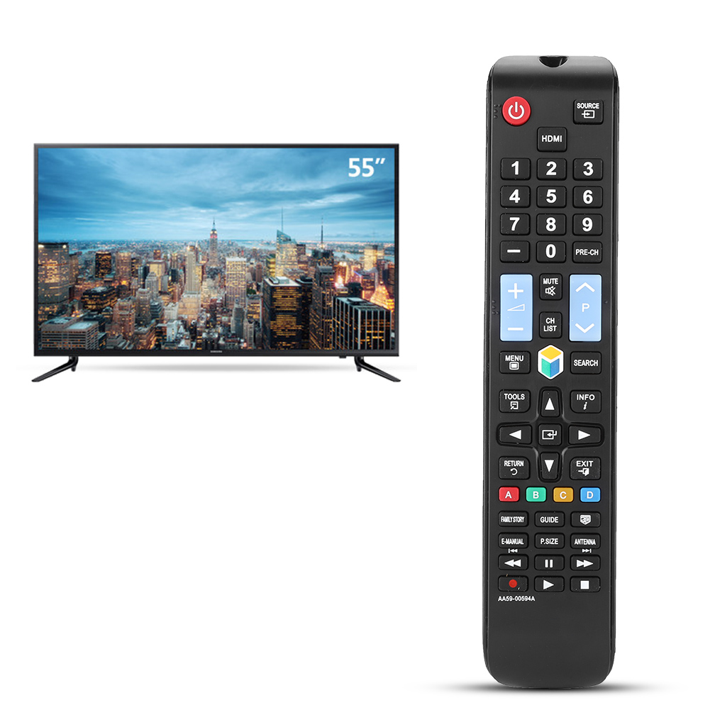 Fernseher und Fernbedienung. Der Fernseher zeigt eine Stadt und hat die Aufschrift 55". Die Fernbedienung hat viele Tasten.