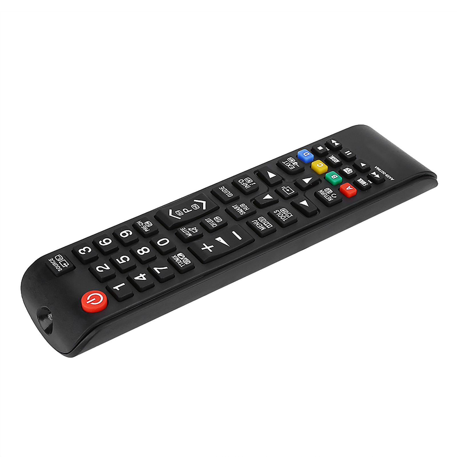 Schwarze TV-Fernbedienung mit mehreren farbigen Tasten und Zahlen, flach auf einer Oberfläche liegend.