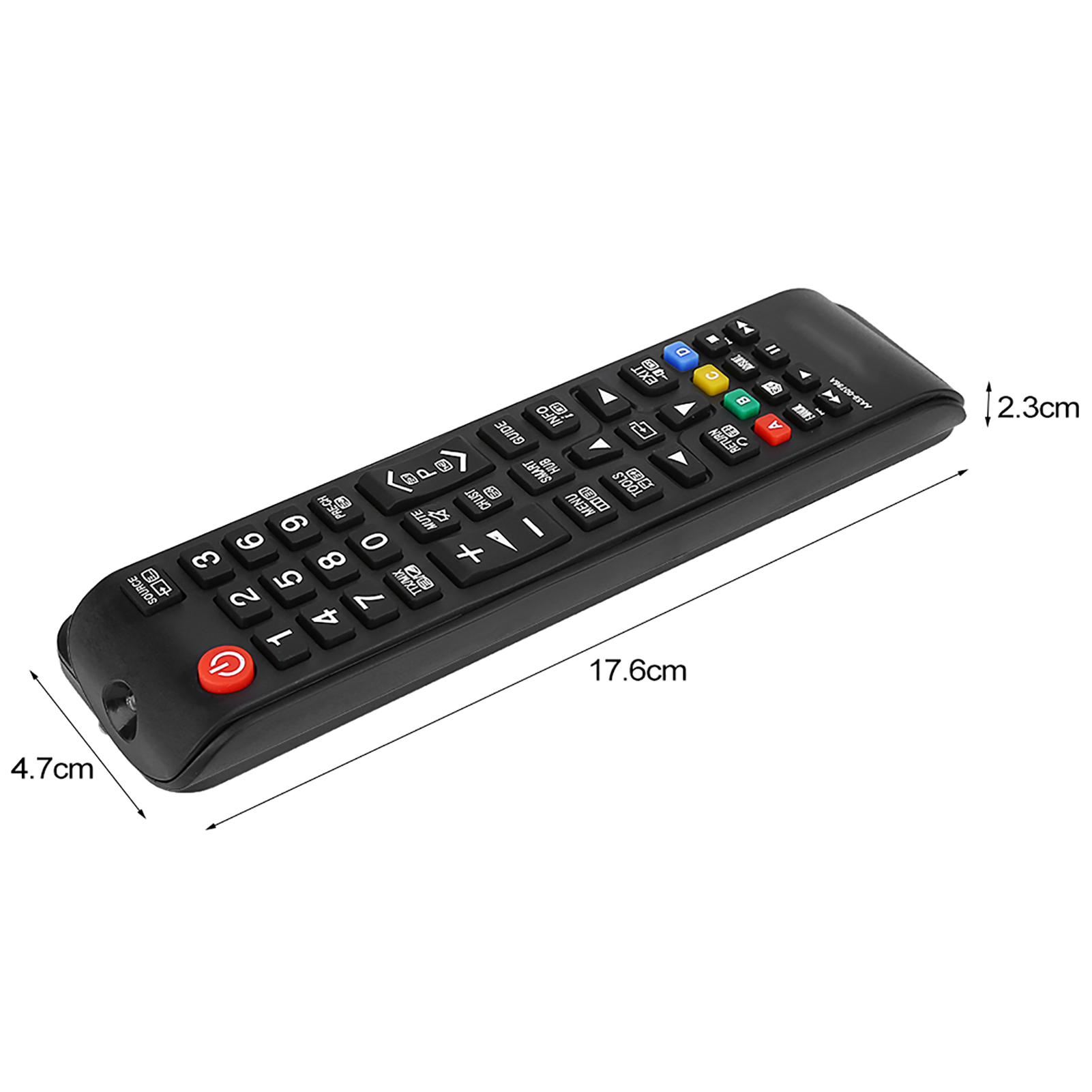 Schwarze TV-Fernbedienung mit Zahlen und farbigen Tasten. Maße 17,6 cm und 4,7 cm.