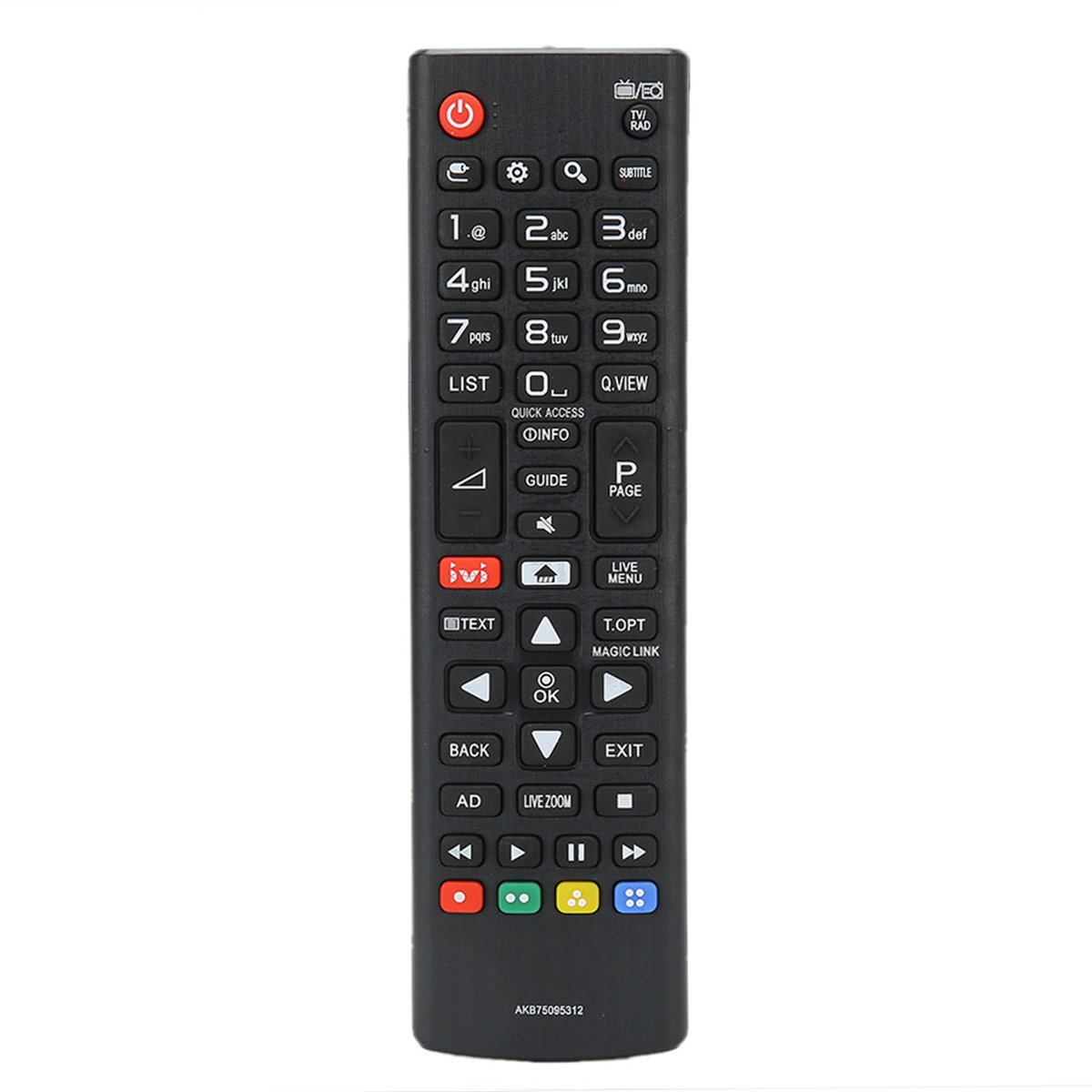 Schwarze TV-Fernbedienung mit vielen Tasten. Funktionen umfassen Ein-/Aus-Taste, Zifferntasten und Navigation.