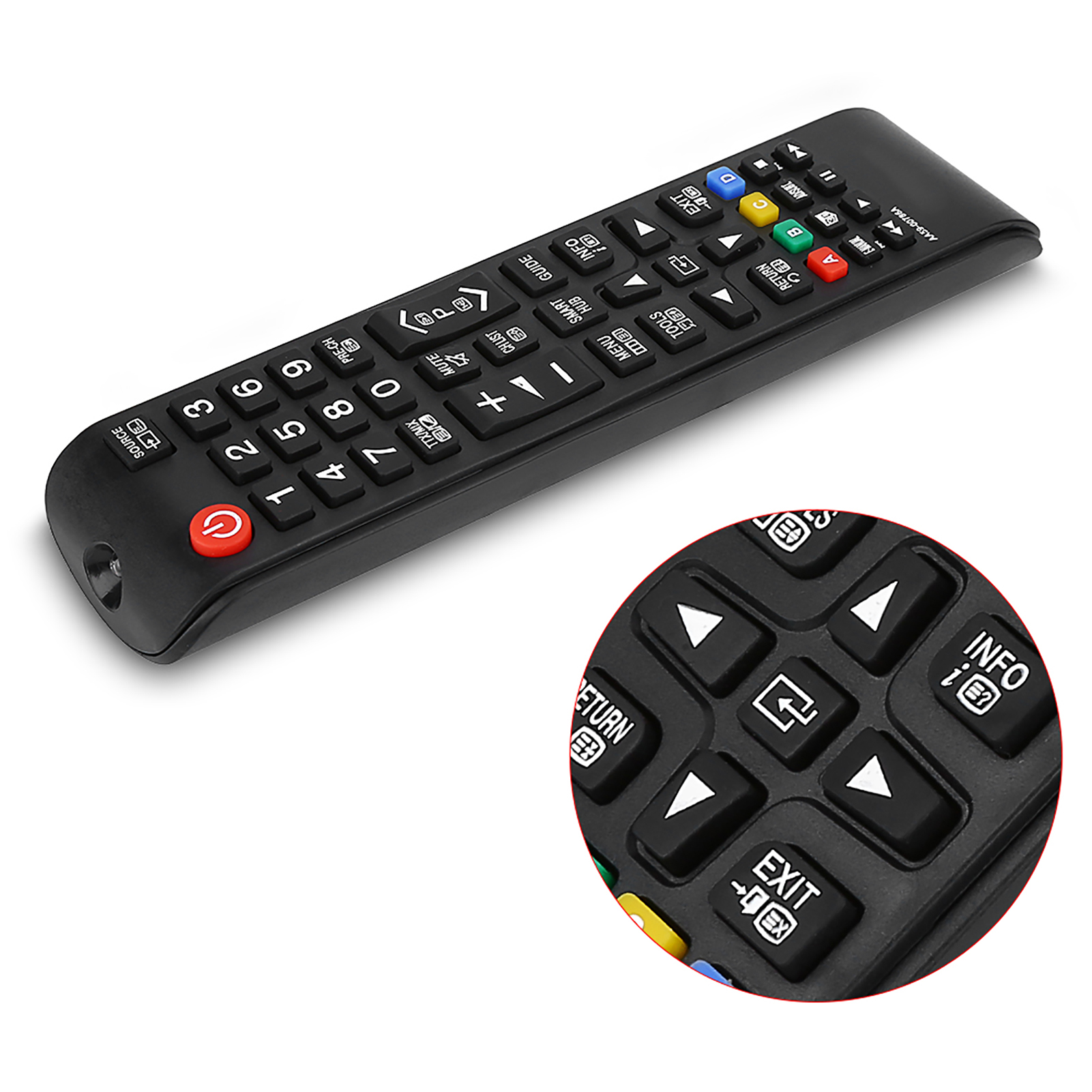 Eine schwarze TV-Fernbedienung mit vielen Tasten, darunter Zahlen und Richtungstasten.