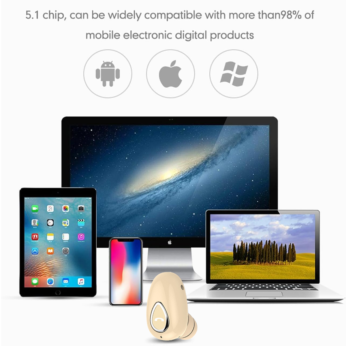 Ohrhörer mit Telefonsymbolen und kompatiblen Geräte-Logos. Text: 5.1-Chip, weitgehend kompatibel.