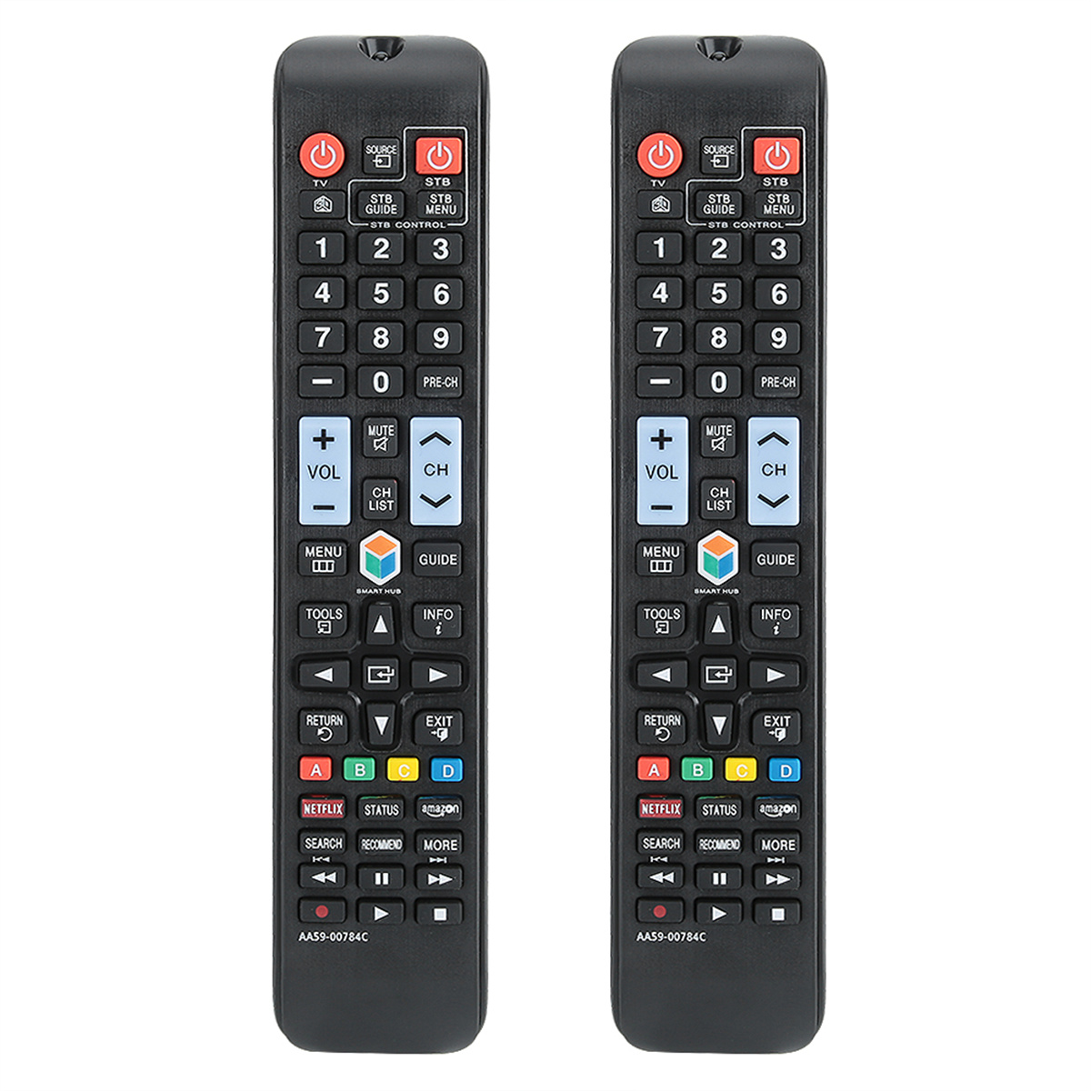 Zwei schwarze TV-Fernbedienungen mit verschiedenen Tasten. Mit Nummern, Lautstärke.