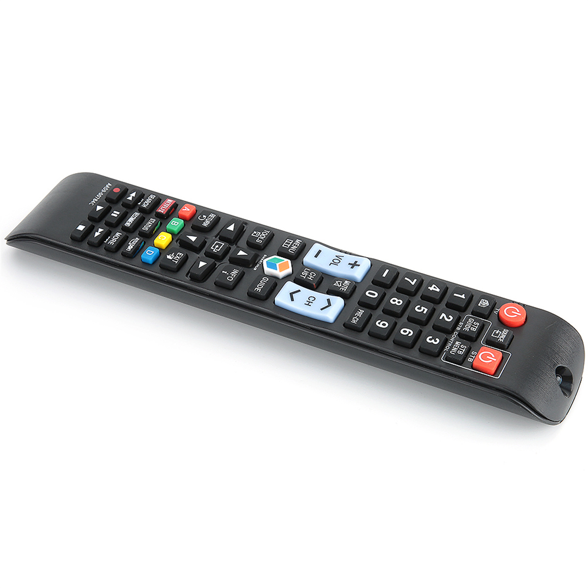 Schwarze TV-Fernbedienung mit Knöpfen und Beschriftungen, schräge Ansicht.