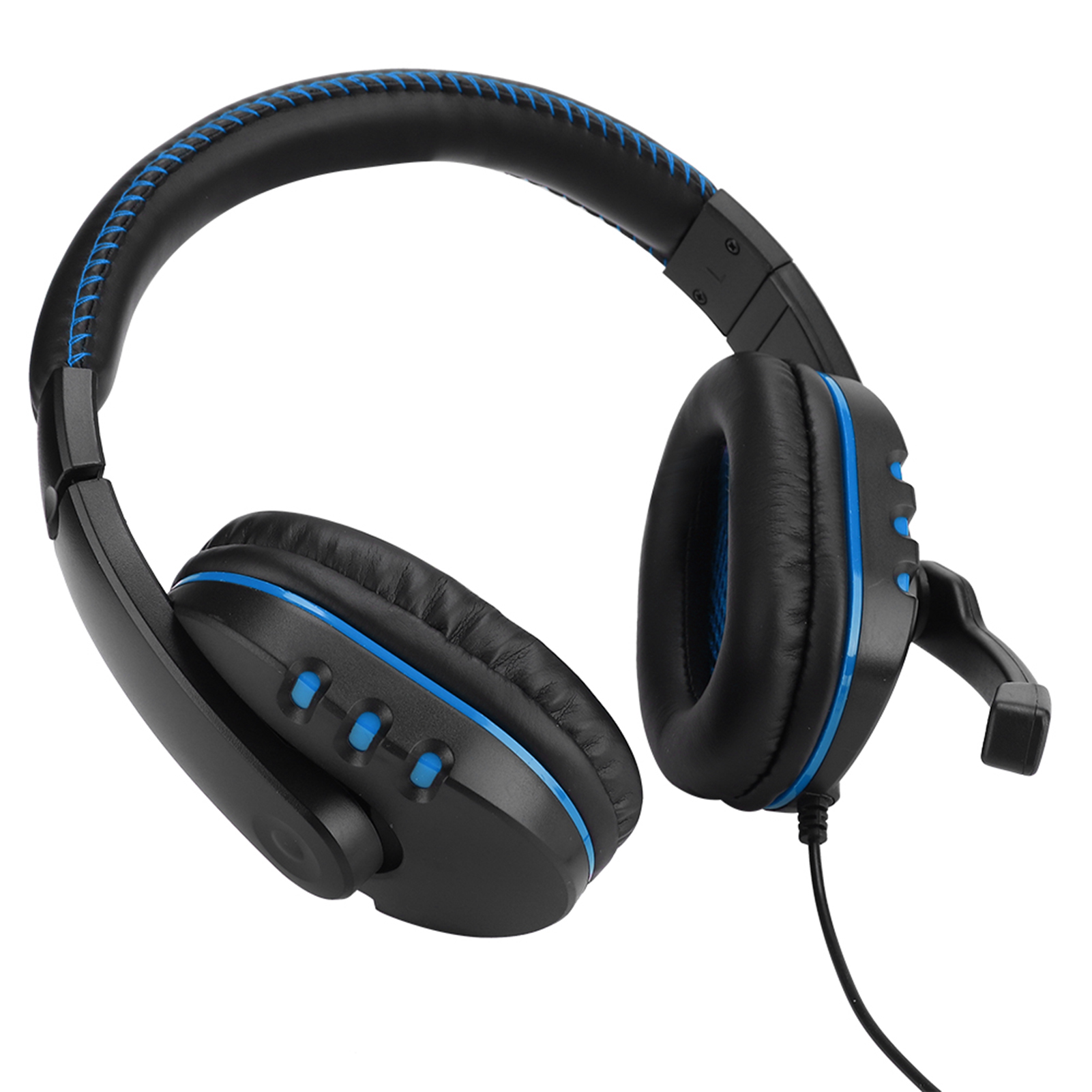Schwarzes Gaming-Headset mit blauen Akzenten, Mikrofon und Anschlusskabel.