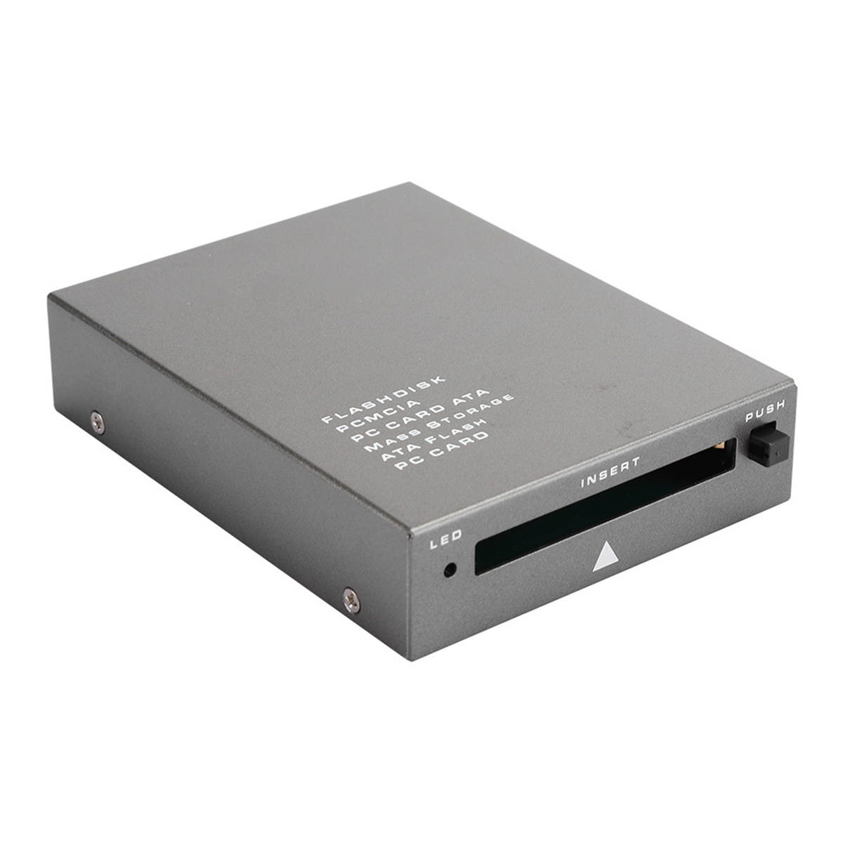 Ein grauer PC-Kartenleser mit dem Text 'FLASH DISK' und 'PC CARD ATA' auf grauer Oberfläche.