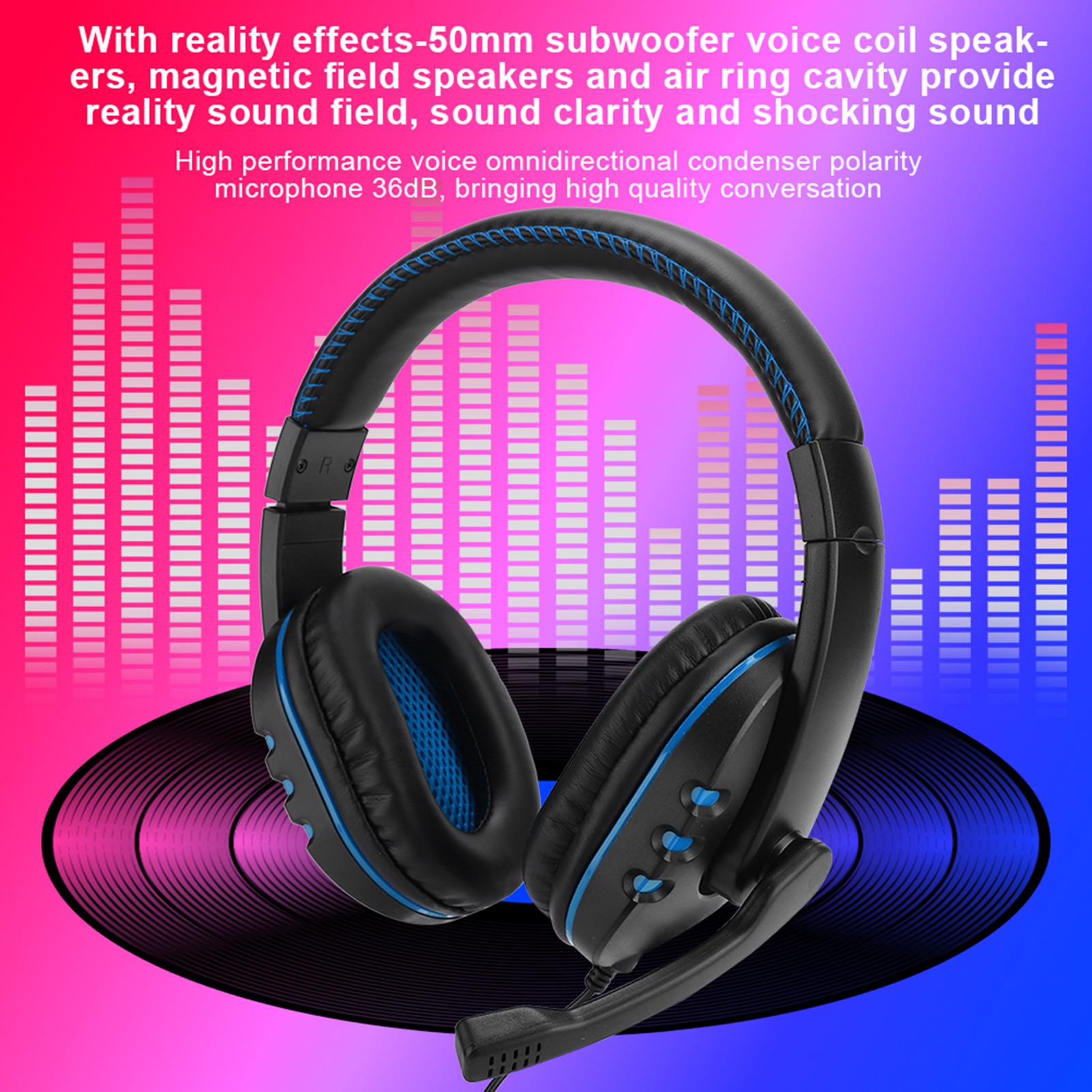 Ein schwarzes und blaues Headset mit Mikrofon auf einem Hintergrund aus Blau und Pink.