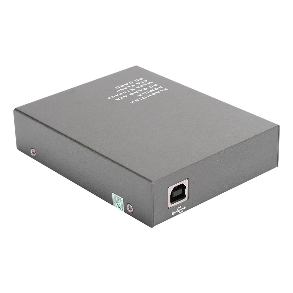 Silberne externe Festplatte mit USB-Anschluss.