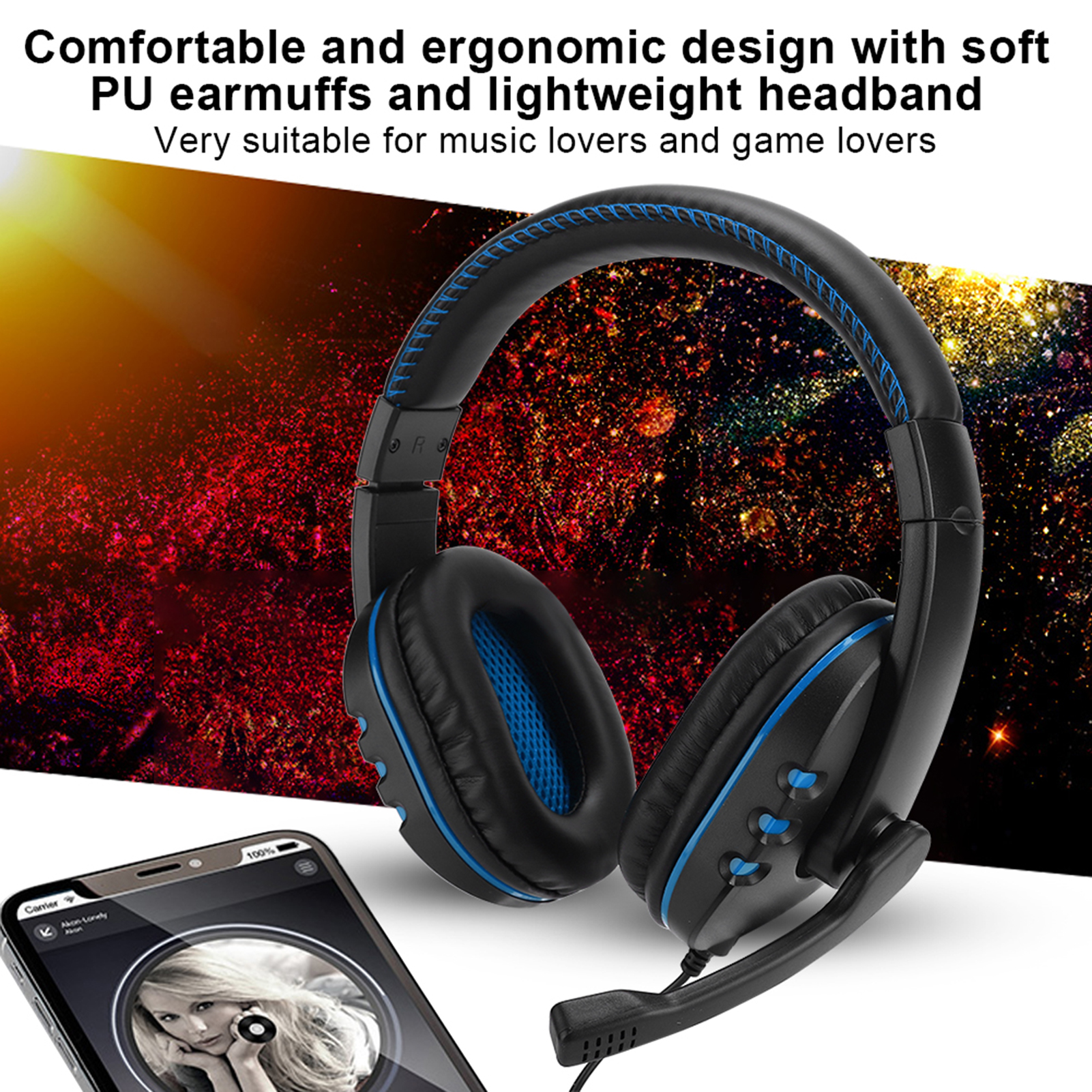 Schwarze und blaue Kopfhörer auf einem Tisch. Telefon, das Musik zeigt, ist links. Roter Hintergrund.