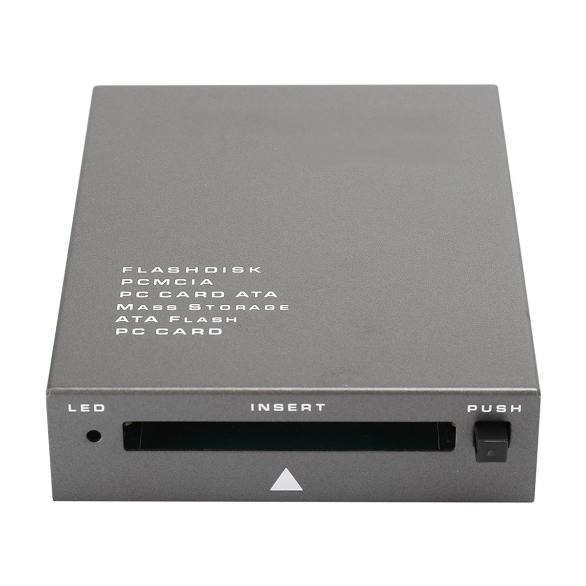 Grauer Kartenleser mit Text: Flash-Disk, PCMCIA, PC-Karte ATA, Massenspeicher, ATA-Flash, PC-Karte.