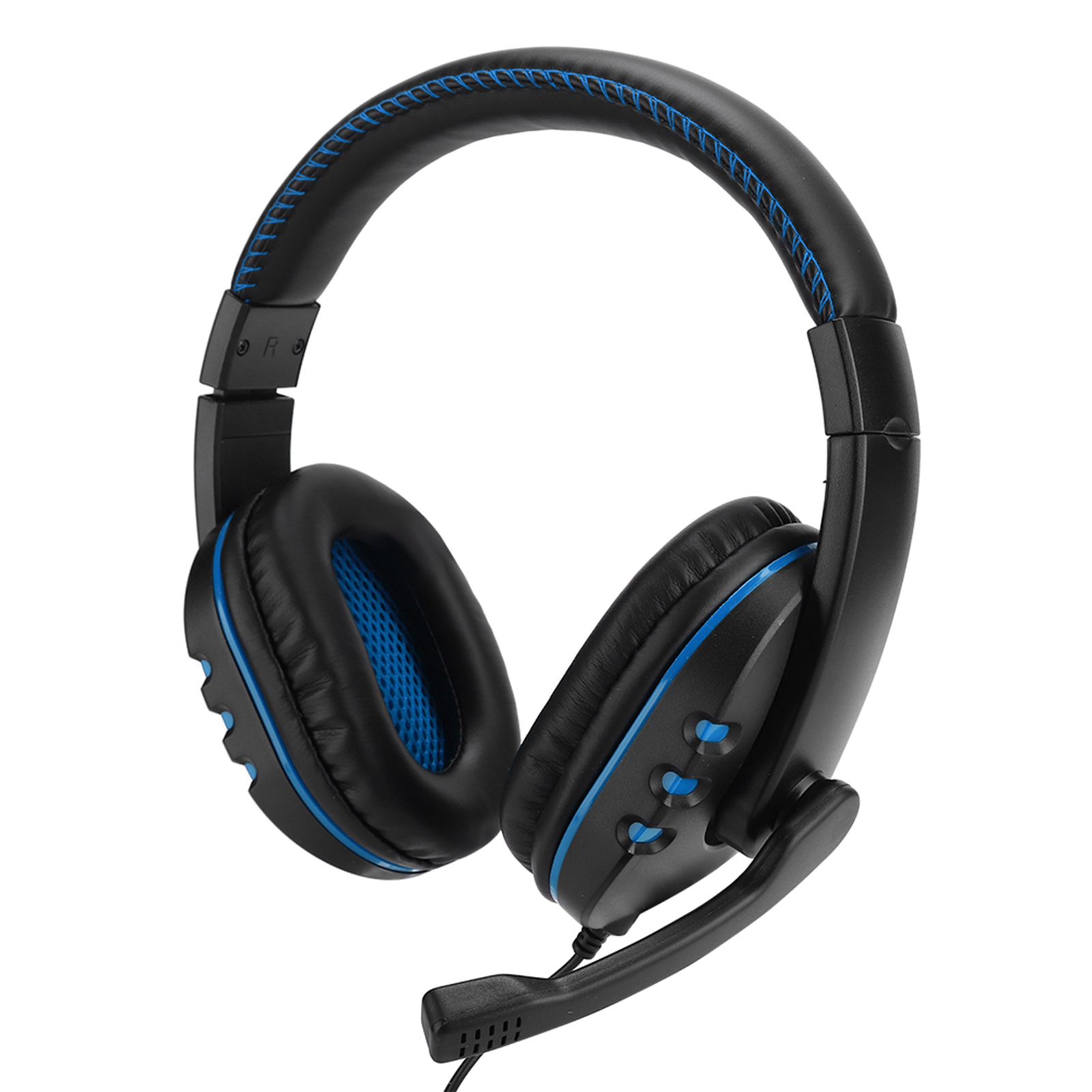 Schwarzes und blaues Gaming-Headset mit Mikrofon. Fokus auf Ohrmuscheln und Mikrofon.