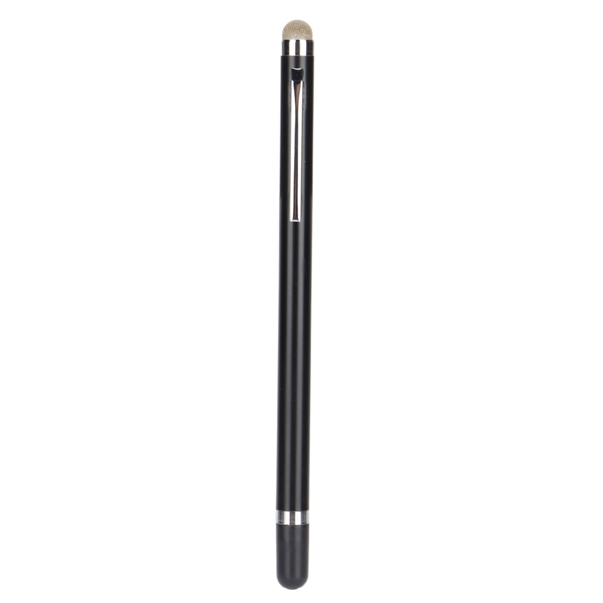 Schwarzer Stylus-Stift mit silbernem Band, freigestellt vor weißem Hintergrund.