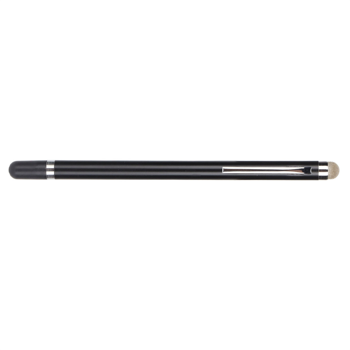 Schwarzer Stylus-Stift mit silbernem Clip und Gummispitze.