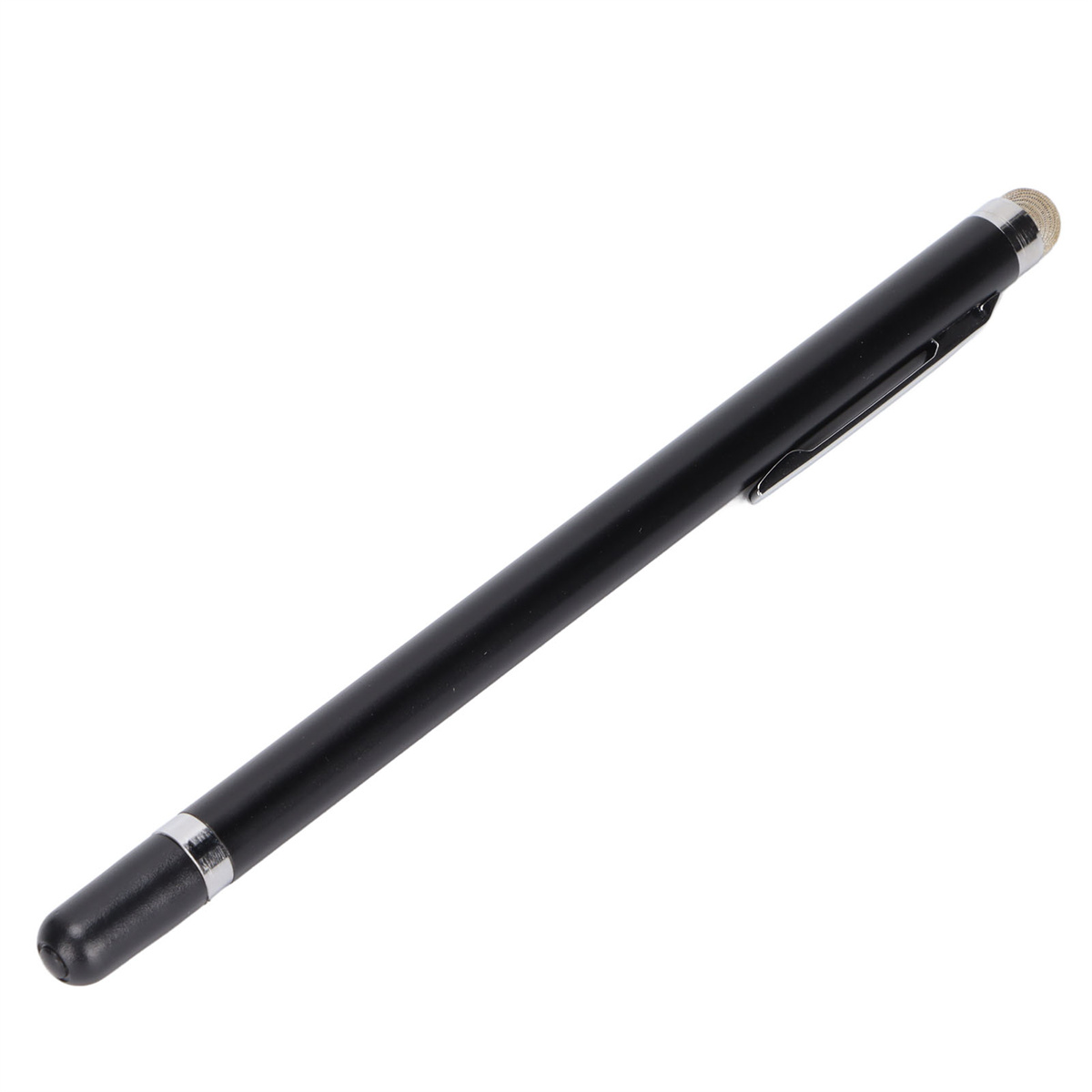 Schwarzer Stift mit silbernen Akzenten. Die Spitze ist ein silberner Kreis.