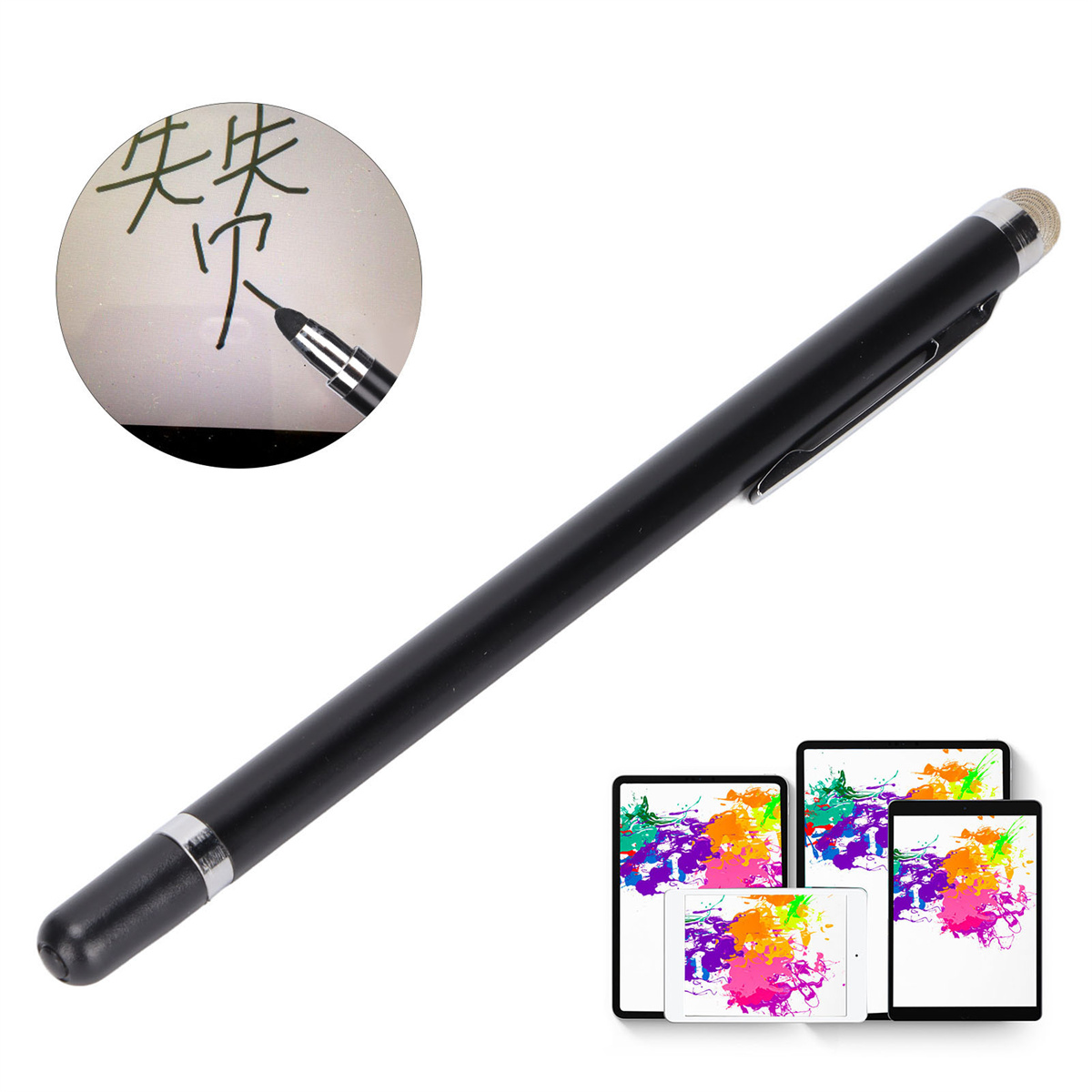 Ein schwarzer Eingabestift mit runder Spitze. Eine Zeichnung auf einem Tablet wird gezeigt.