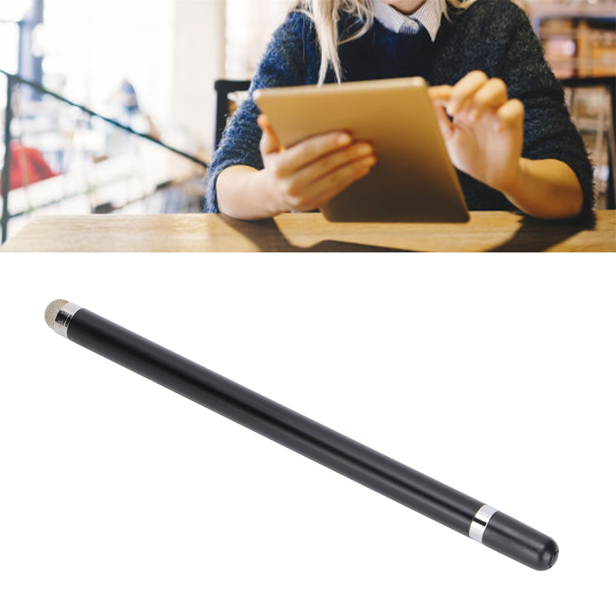 Frau benutzt Tablet mit Stift. Tablet und Stift auf weißem Hintergrund.