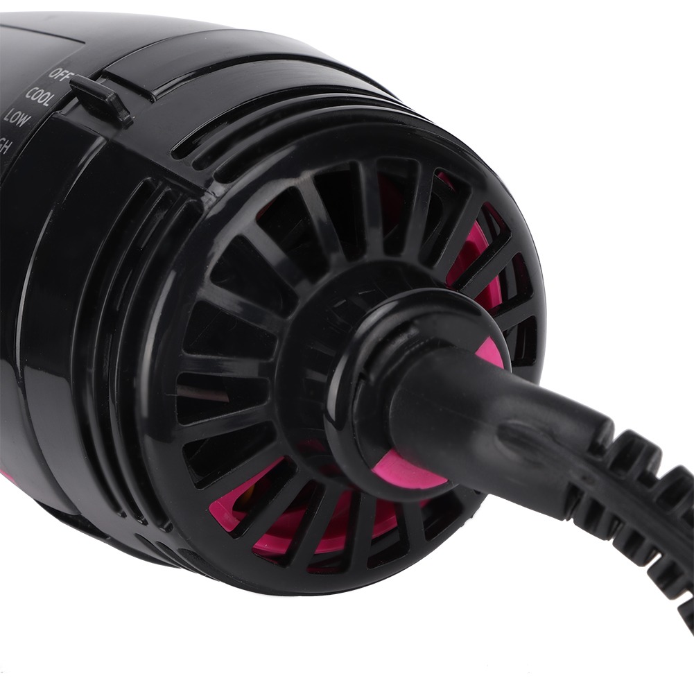 Rückseite des schwarzen Haartrockners mit Lüfter, rosa Details und Kabel.