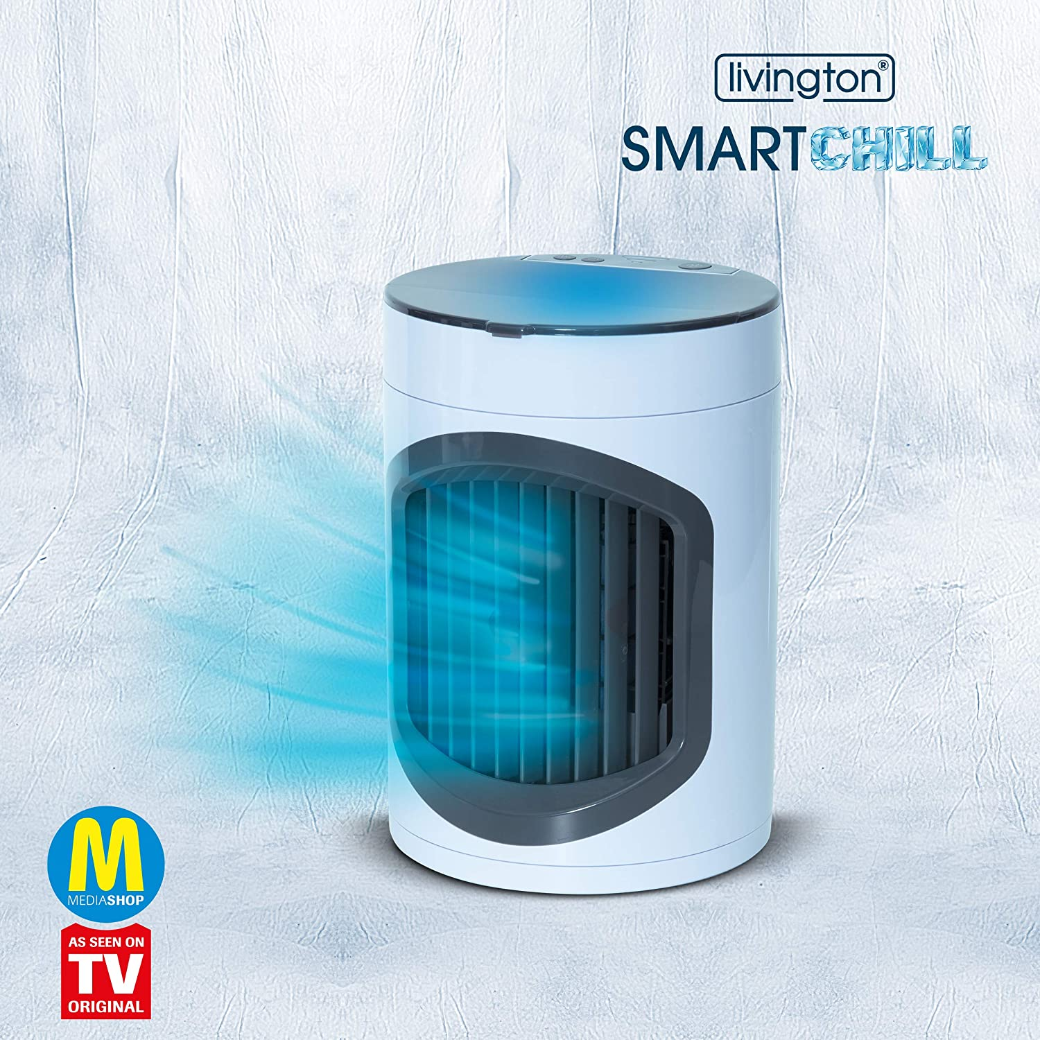 Weiß-grauer SmartChill-Luftkühler mit blauem Luftstromeffekt, Logo oben.