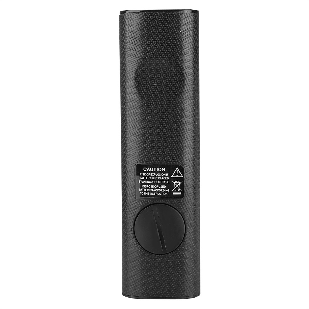 Schwarze Fernbedienung mit Batteriefach und Warnhinweis. Weißer Hintergrund.