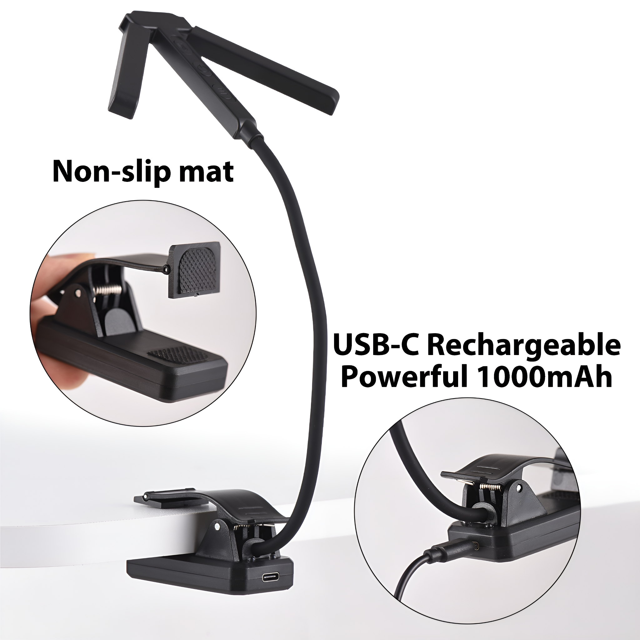 Schwarzes Clip-On-Leselicht mit flexiblem Hals und USB-C-Anschluss. Anti-Rutsch-Matte gezeigt.