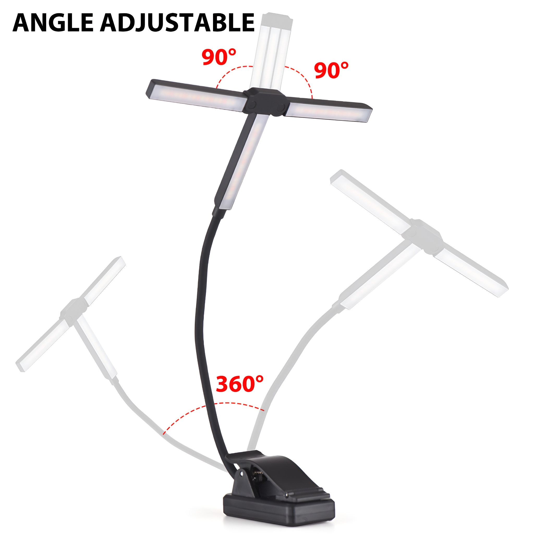 Eine schwarze Schreibtischlampe mit verstellbaren Armen, die in verschiedenen Positionen gezeigt wird. Die Lampe hat einen Clip-on-Sockel.