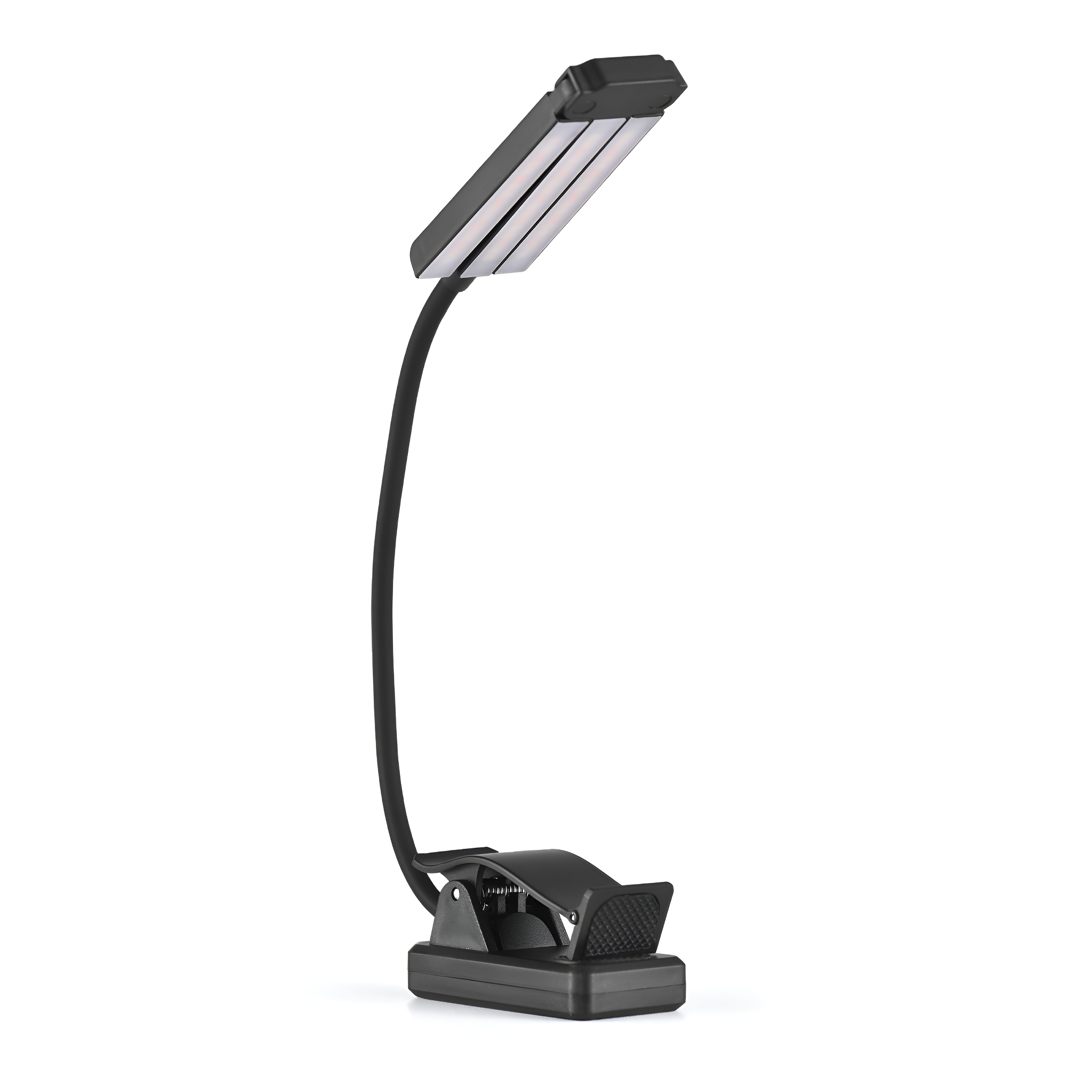 Schwarze LED-Klemmleuchte auf weißem Hintergrund. Die Lampe hat einen flexiblen Hals und zwei Lichtpaneele.