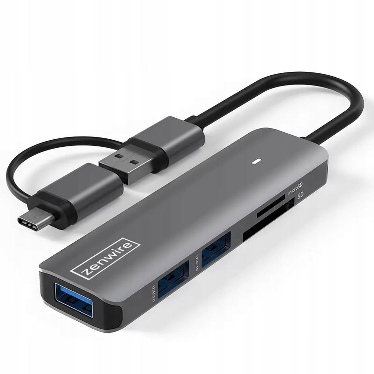 Szary hub USB z wieloma portami. Posiada złącze USB i USB-C.