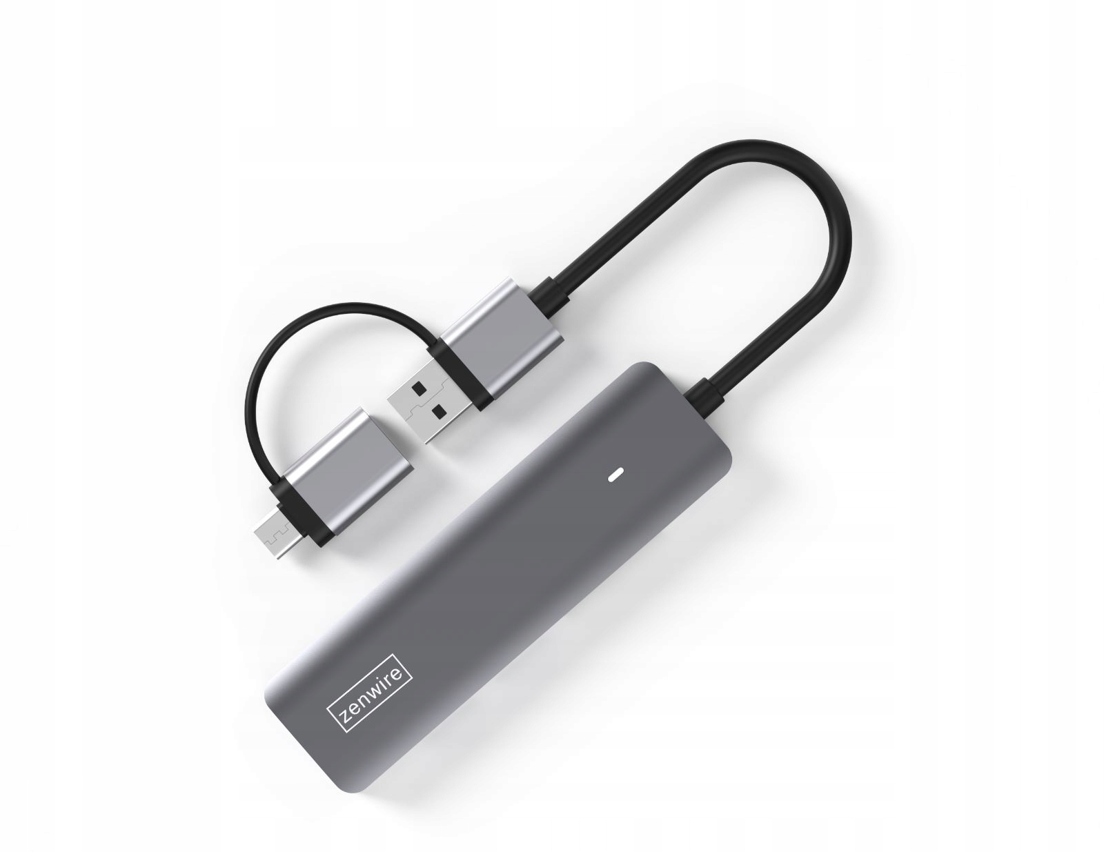 Szary i srebrny koncentrator USB-C z wieloma portami i dołączonymi kablami.