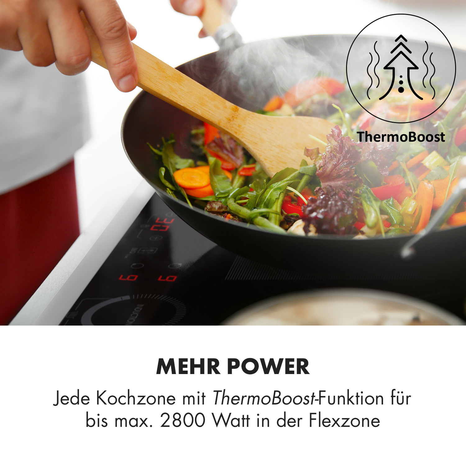 Escena de cocina, verduras cocinándose en un wok. Texto: 'Mehr Power' y 'ThermoBoost'.