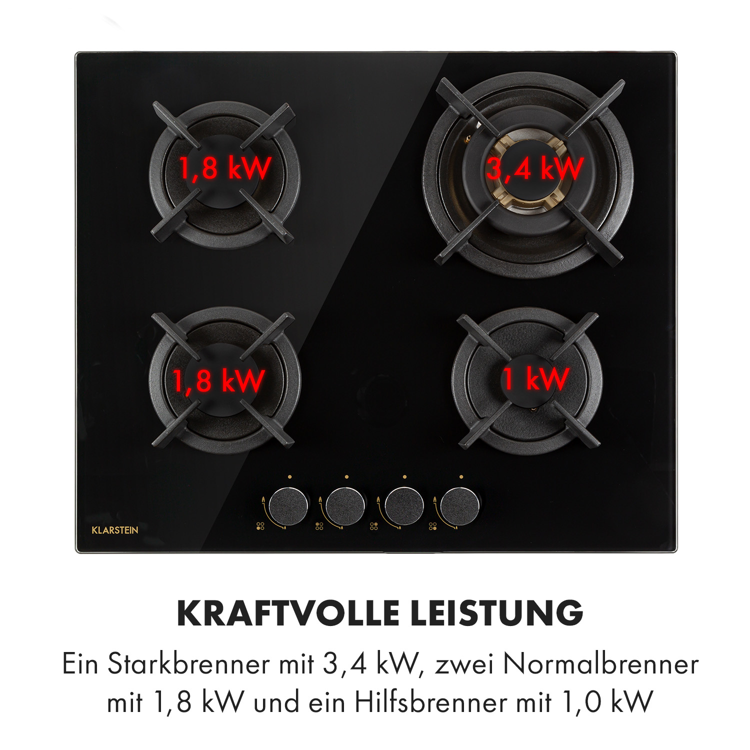 Schwarzes Kochfeld mit vier Brennern und Leistungsangaben.