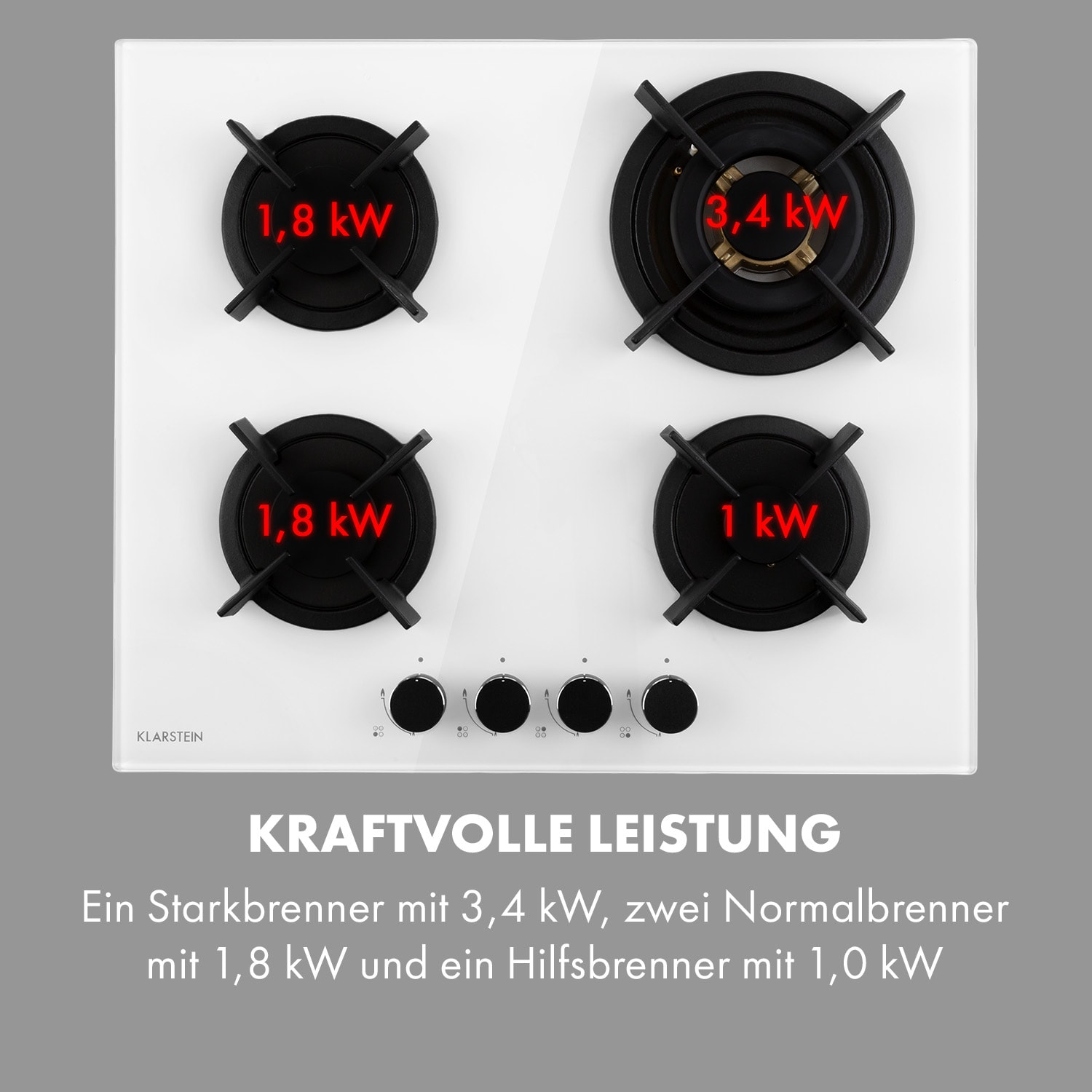 Weißer Herd mit 4 Brennern, Leistungsangaben, Klarstein.